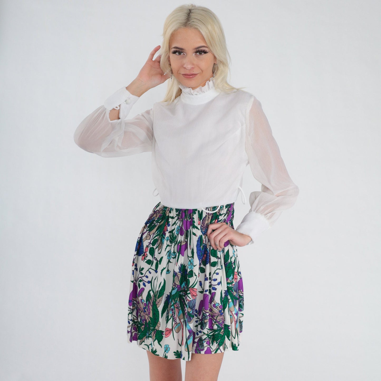 70s Mushroom Print Mini Dress White High Ruffle Neck Sheer Sleeves Small