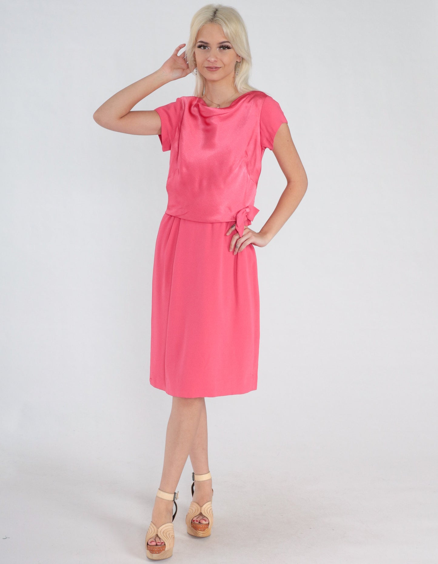 60s Pink Shift Dress Cowl Neck Cap Sleeve Bow Waist Knee Length Medium M