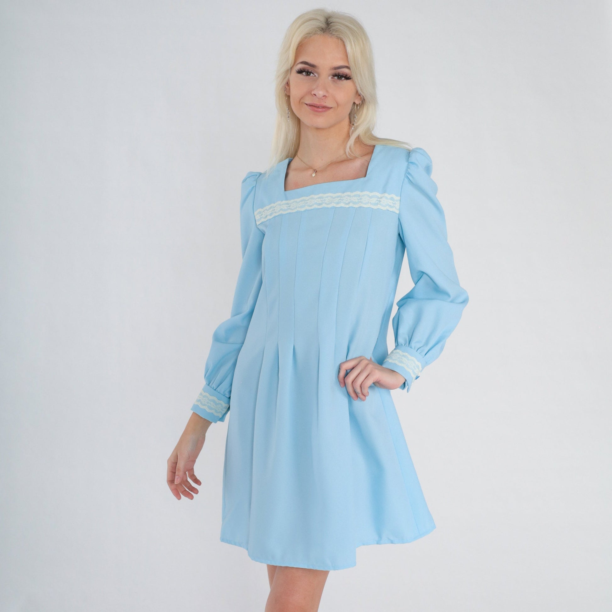70s Blue Mini Dress Puff Sleeve Pleated Lace Trim Small