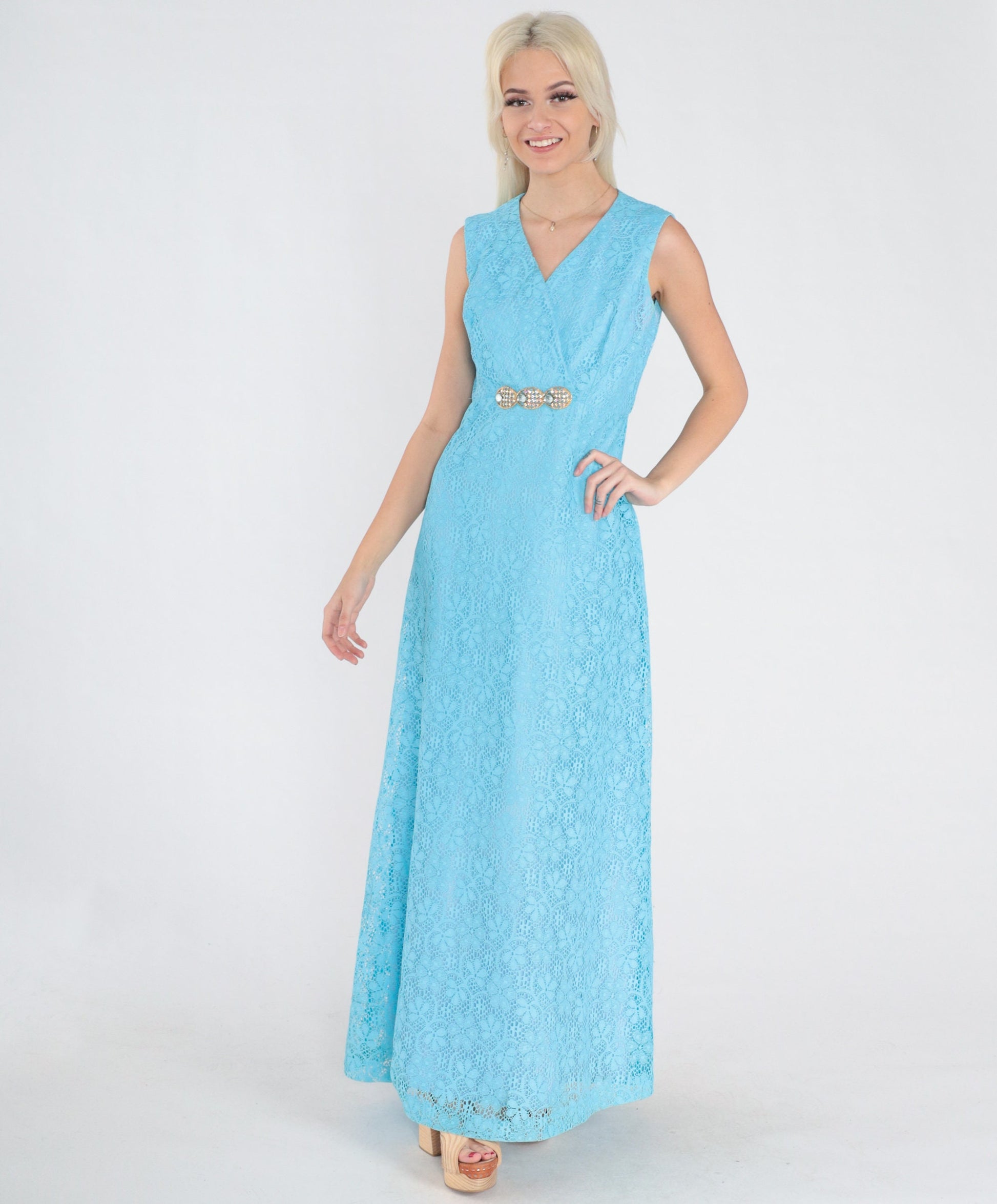 70s Blue Floral Lace Maxi Dress Rhinestone Empire Waist V Neck Small