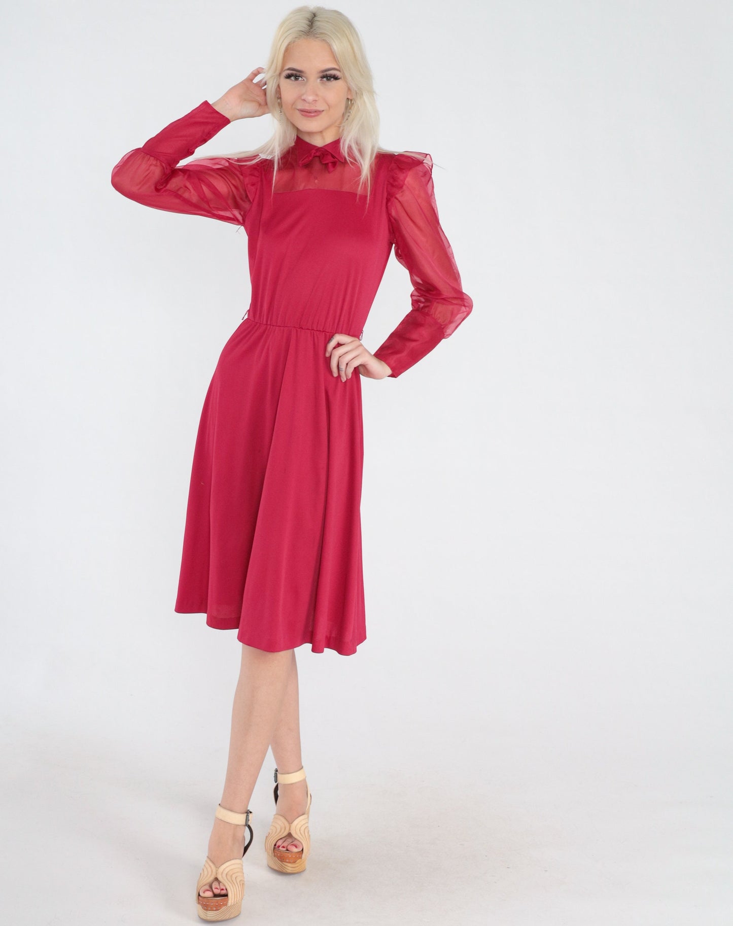 70s Raspberry Red Midi Dress Collared Bow Tie Ruffled Sheer Sleeve Extra Small