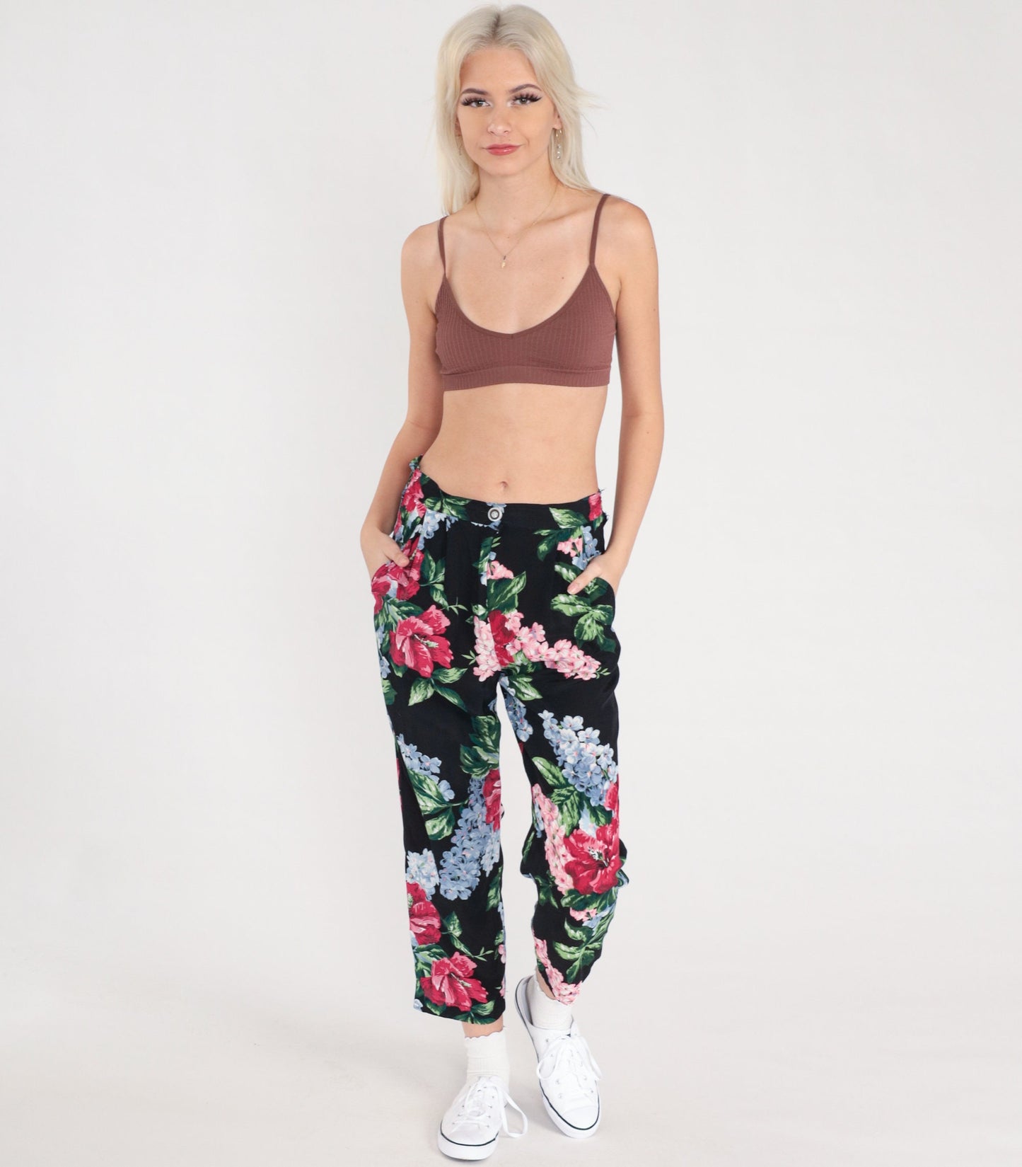 90s Floral Rayon Pants High Waist Pleated Tapered Black Print Small
