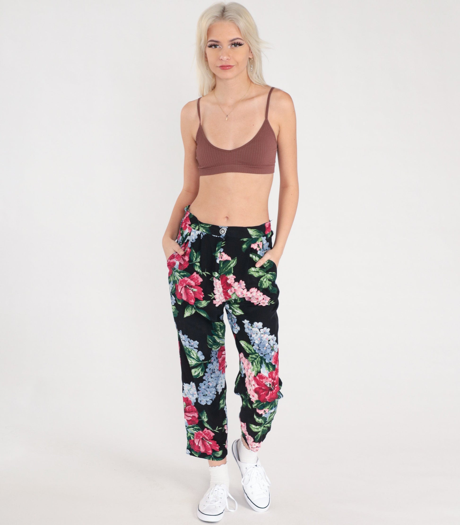 90s Floral Rayon Pants High Waist Pleated Tapered Black Print Small
