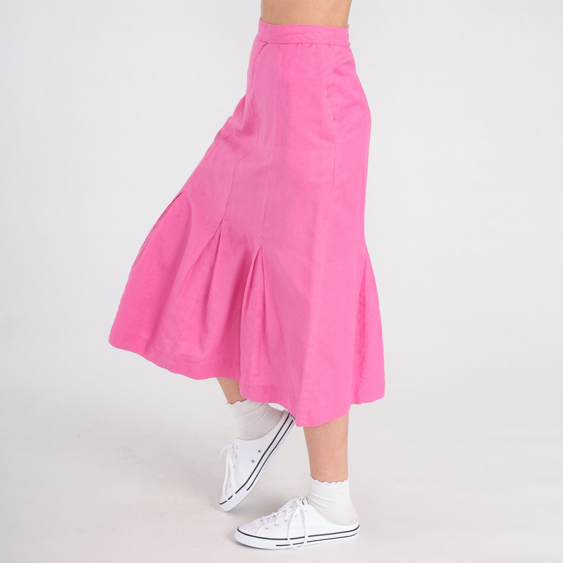 90s Bright Pink Pleated Midi Skirt High Waist Cotton Linen Extra Small