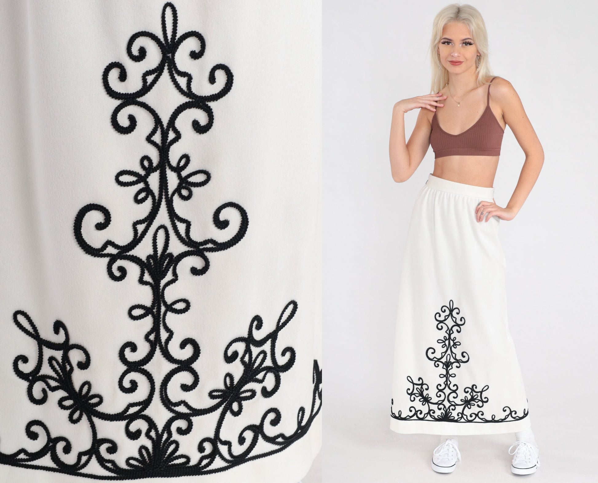 70s White Maxi Skirt Black Soutache Trim High Waist Column Extra Small