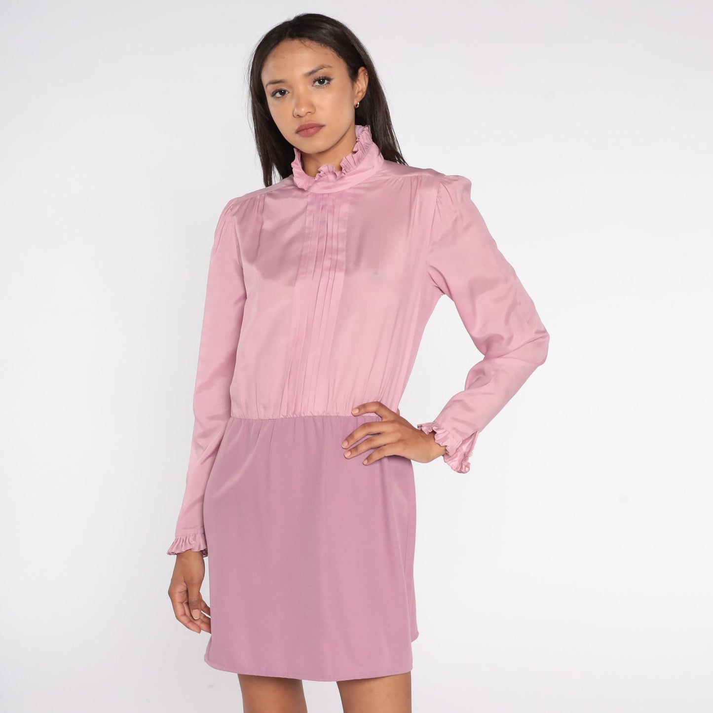 70s Pink Mini Dress Ruffle Collar Puff Sleeve High Waist Medium