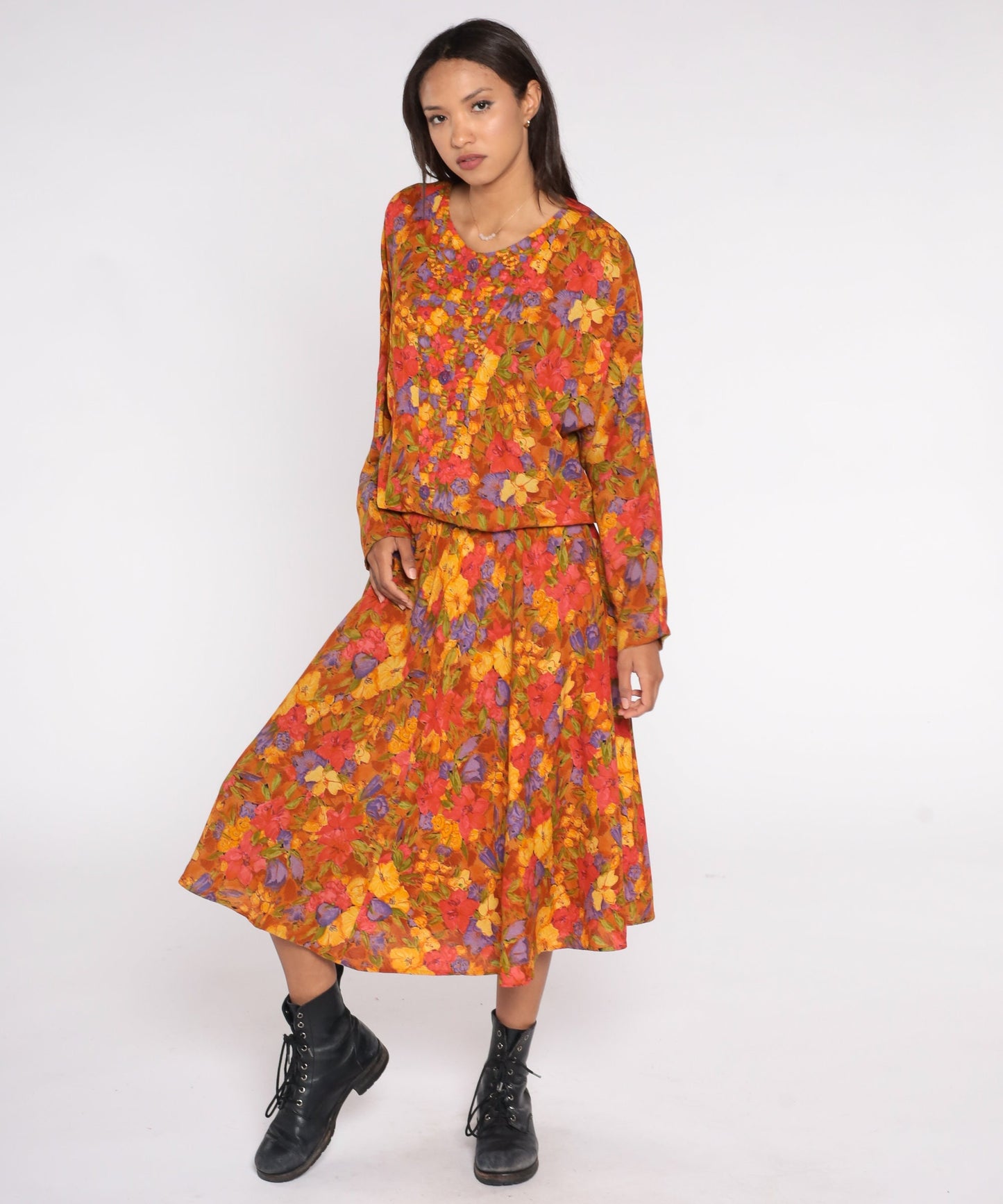 80s Burnt Orange Floral Blouson Maxi Dress Dolman Sleeve Button-Up Medium 8