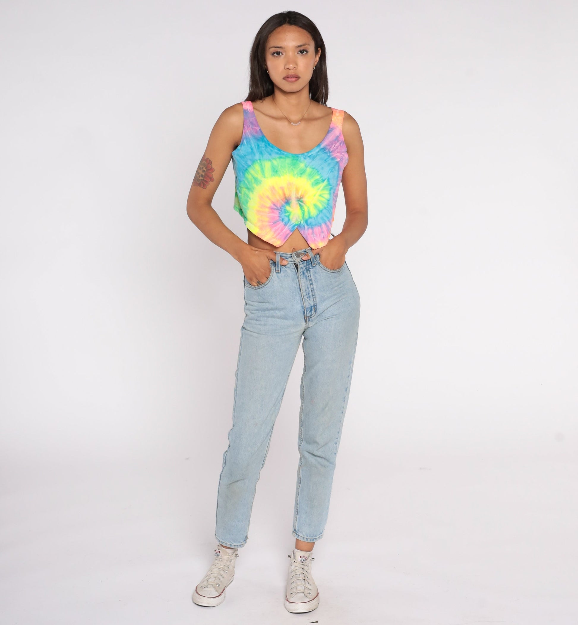 90s Neon Tie Dye Crop Tank Top In Gear Cotton Sleeveless Large