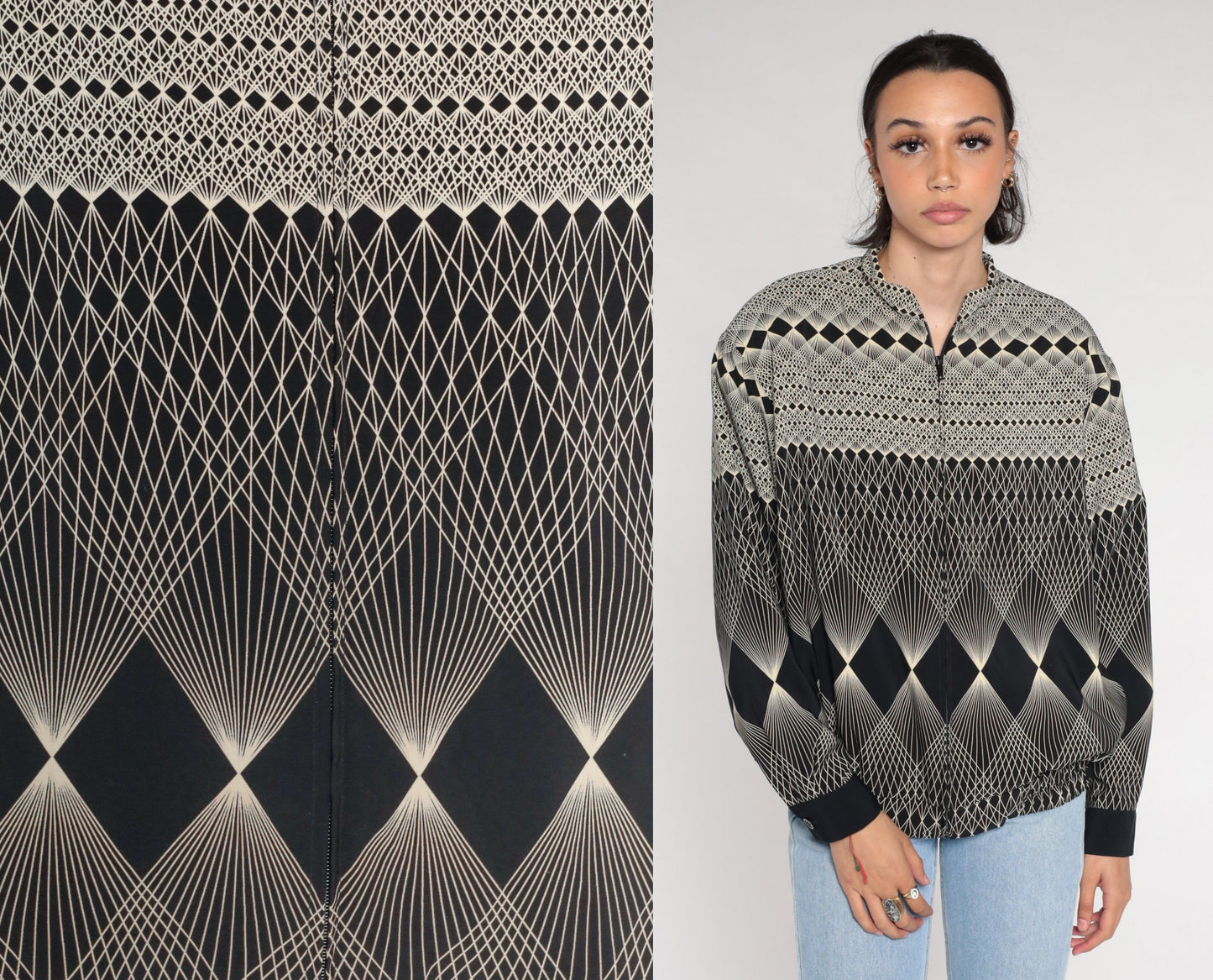 80s Op Art Bomber Jacket Black White Geometric Windbreaker Medium