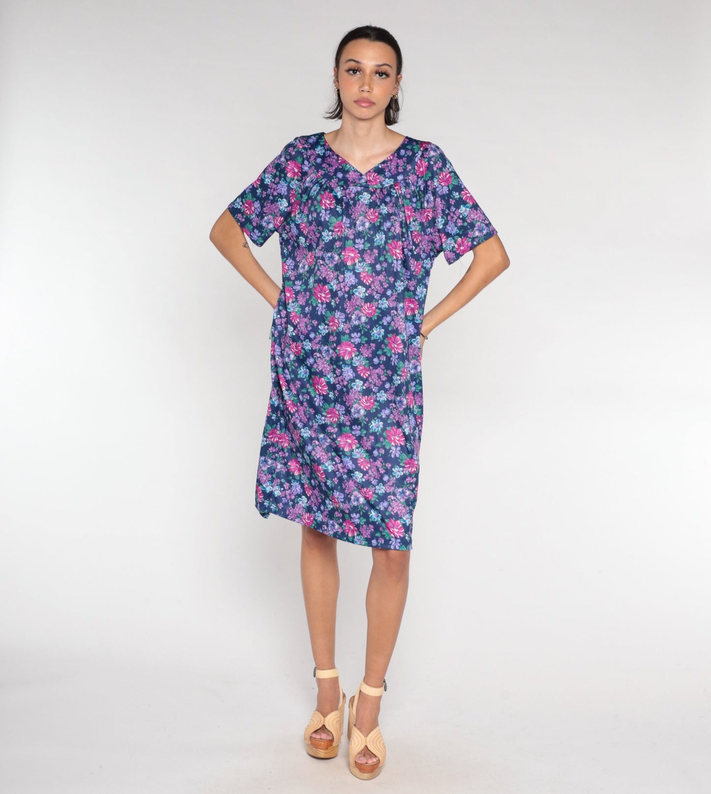 90s Purple Floral Tent Dress Mini Short Sleeve Lounge Dress XXL