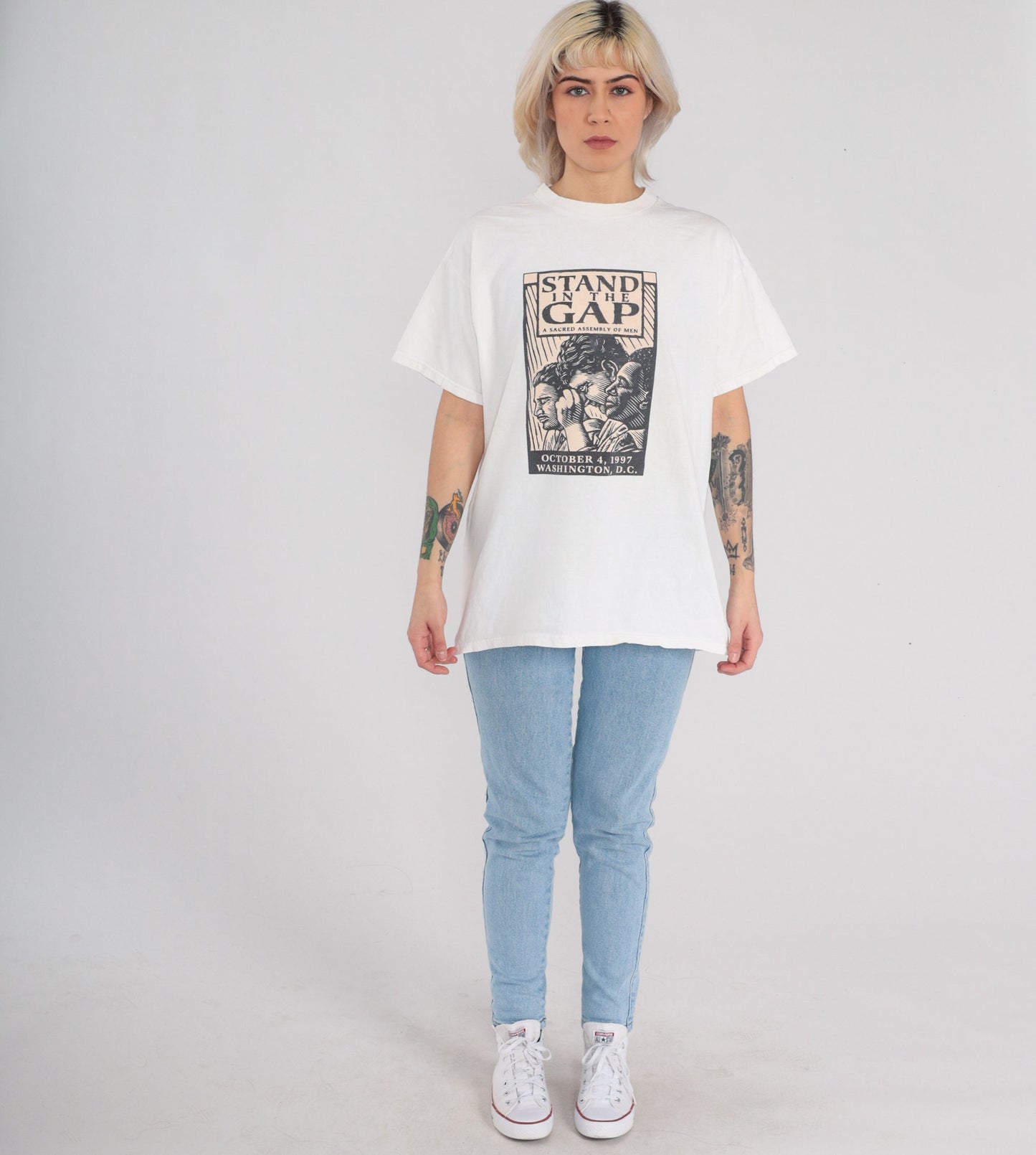 90s Stand in the Gap Christian TV Graphic T-Shirt White Cotton Large L