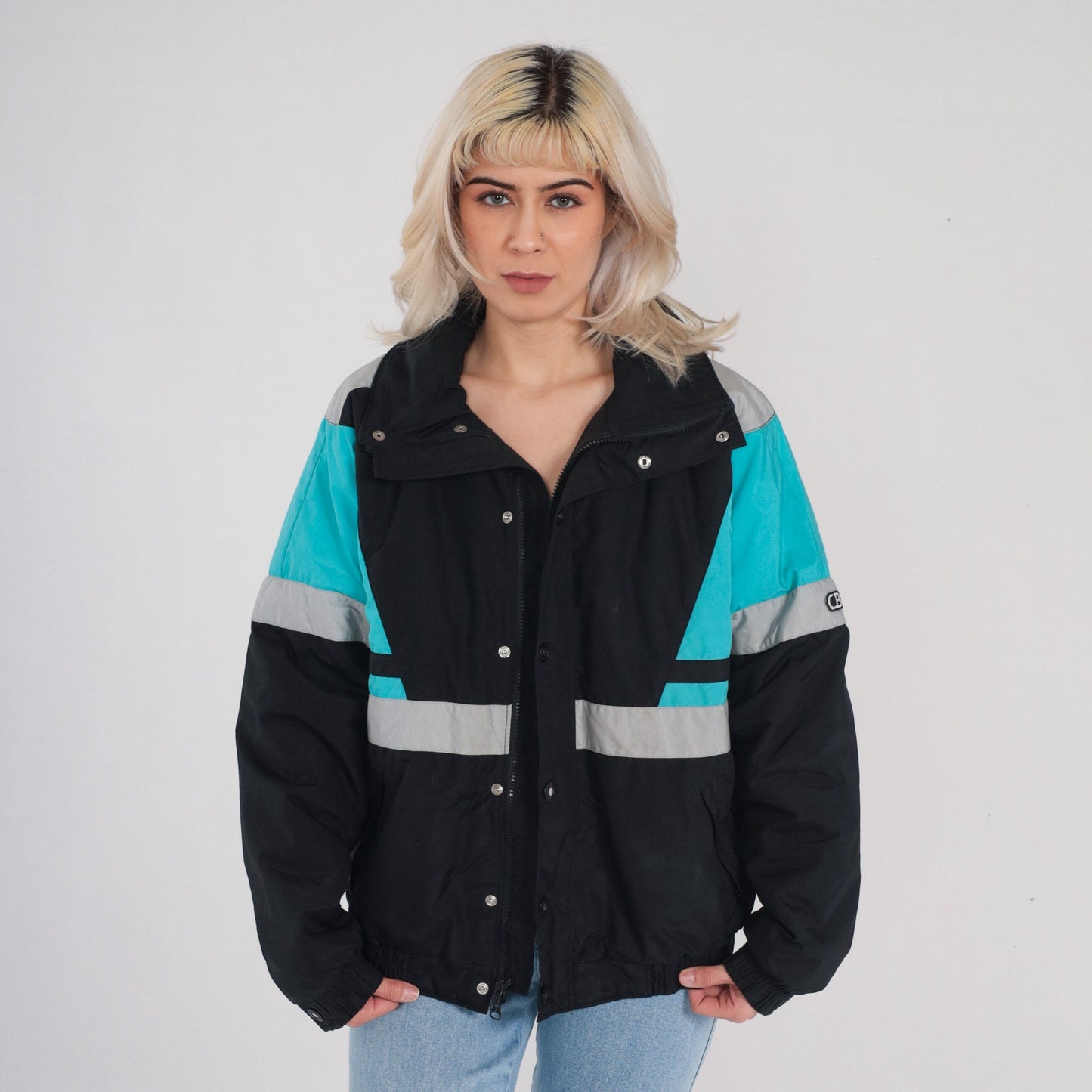 80s Thinsulate Puffer Jacket Black Blue Color Block Ski Coat Large
