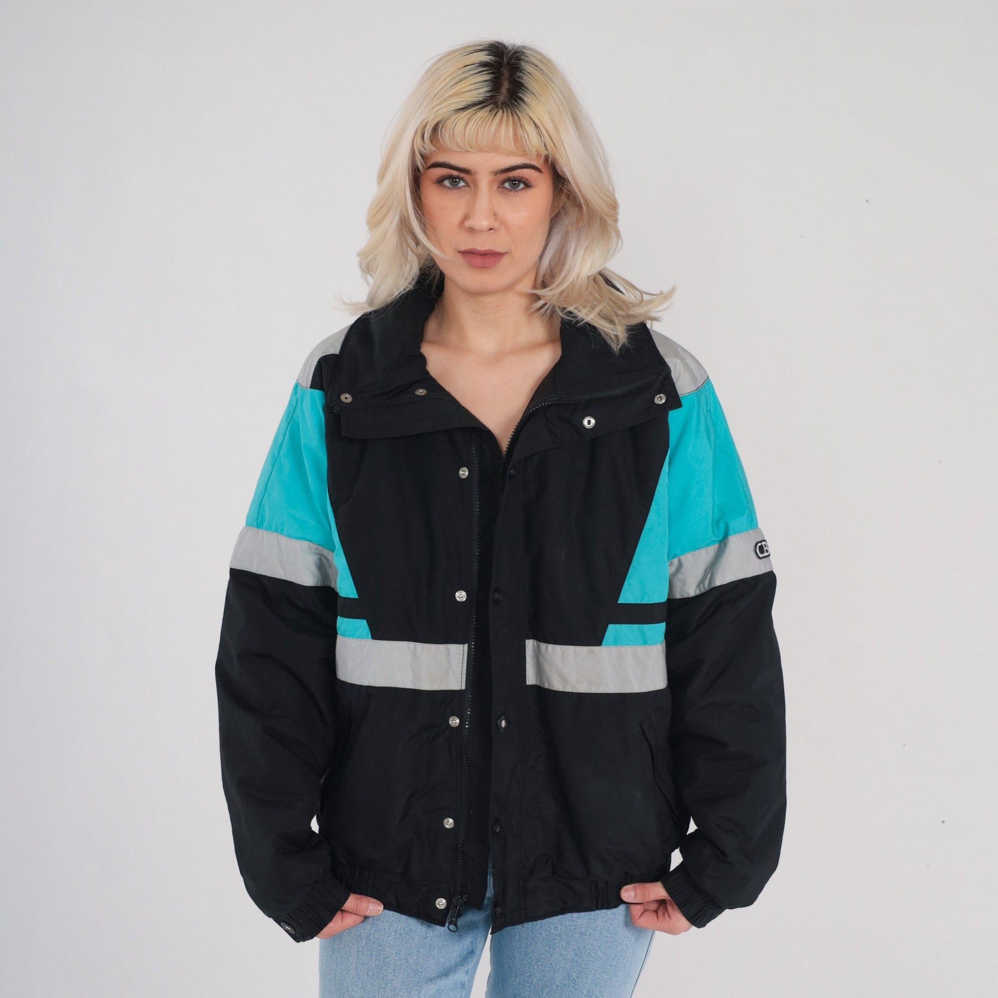 80s Thinsulate Puffer Jacket Black Blue Color Block Ski Coat Large