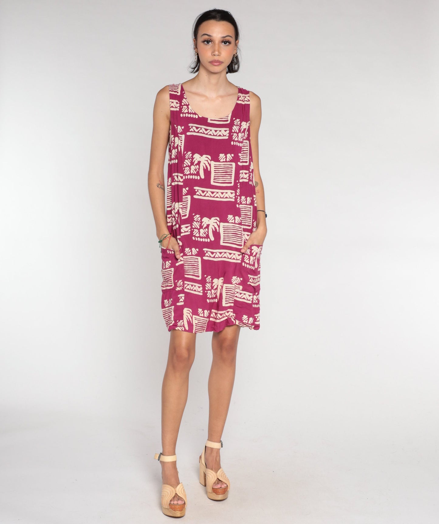 90s Dark Pink Tropical Palm Tree Mini Dress Geometric Print Sleeveless Small