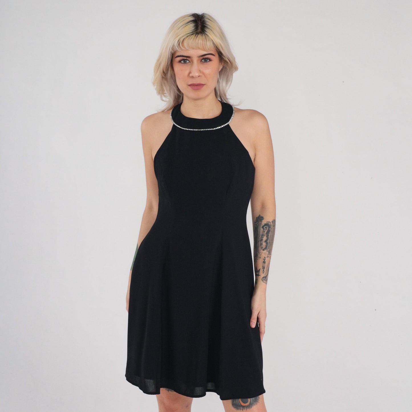 90s Black Velvet Mini Dress Rhinestone Halter Sleeveless Open Back Small
