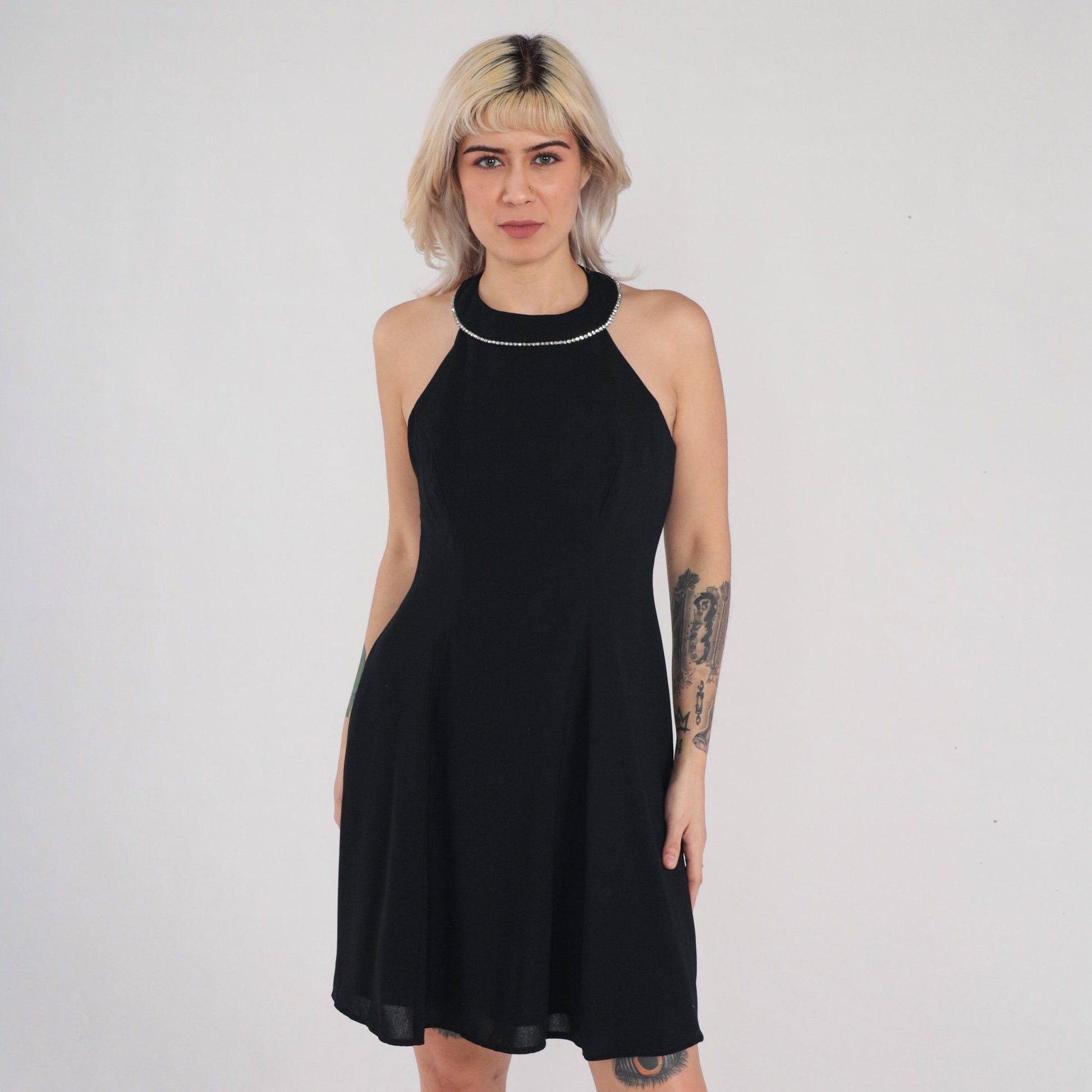 90s Black Velvet Mini Dress Rhinestone Halter Sleeveless Open Back Small