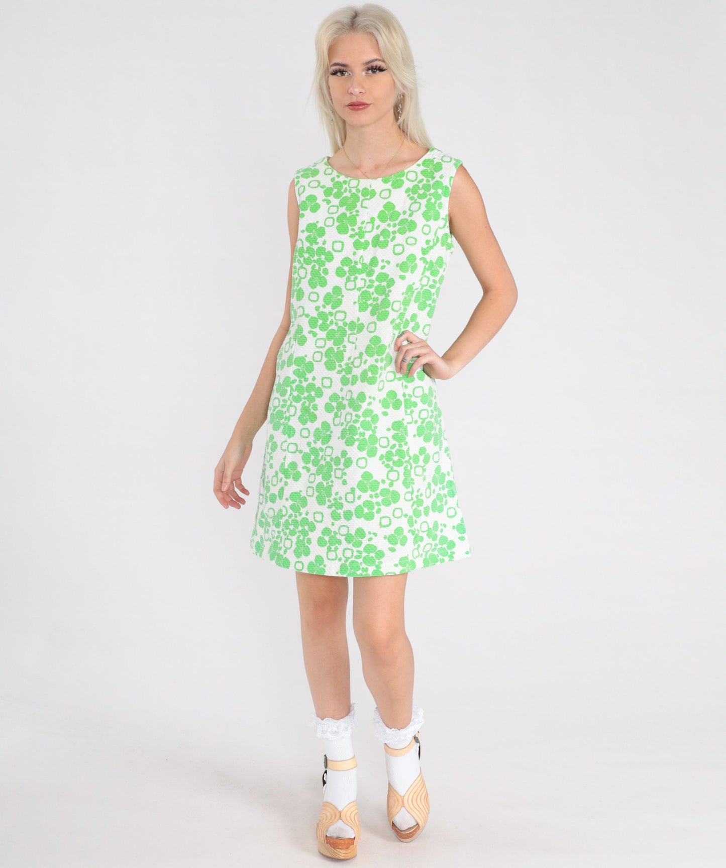 60s Lime Green Floral Shift Mini Dress Sleeveless Medium