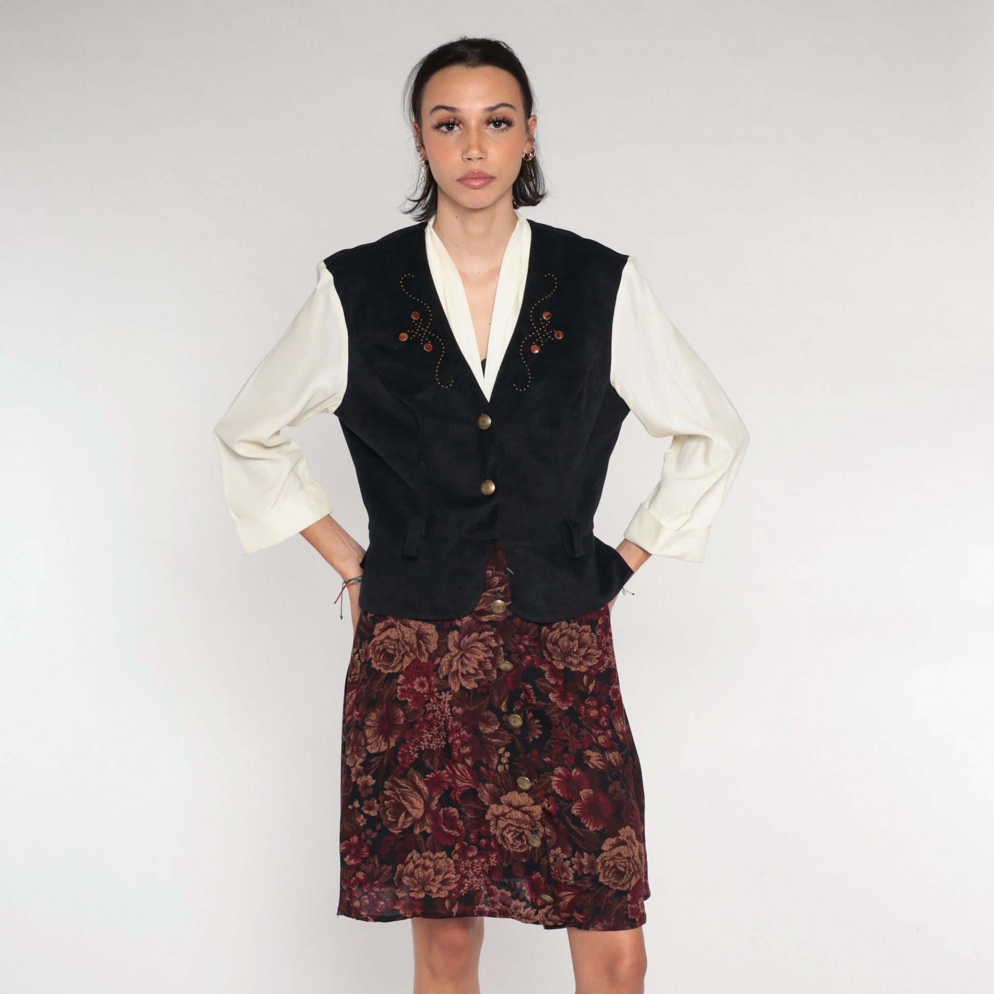 90s Layered Vest Dress White Floral Mini Button-Up Black Long Sleeve Medium