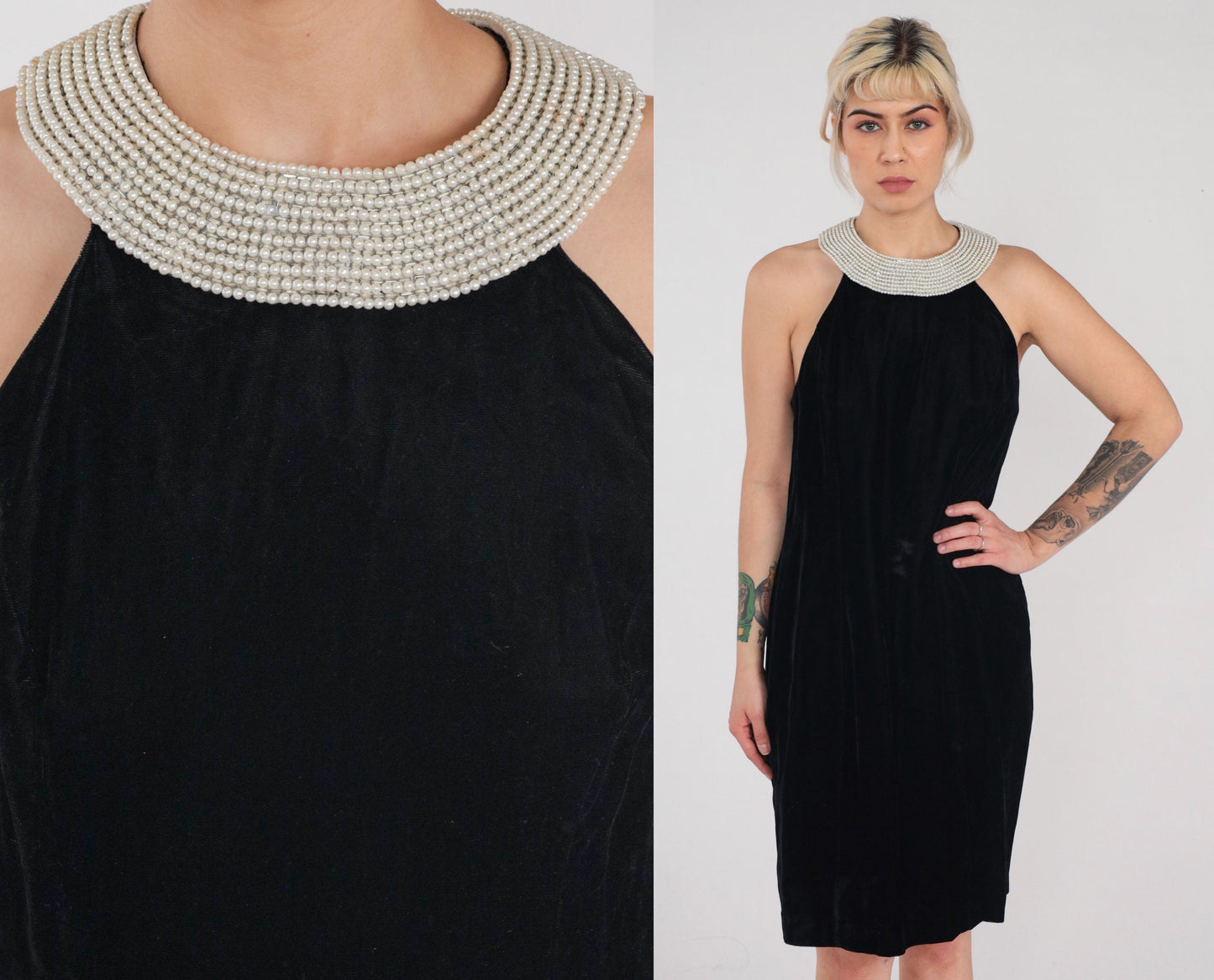 90s Black Velvet Mini Dress Pearl Beaded Sleeveless Sheath Small S