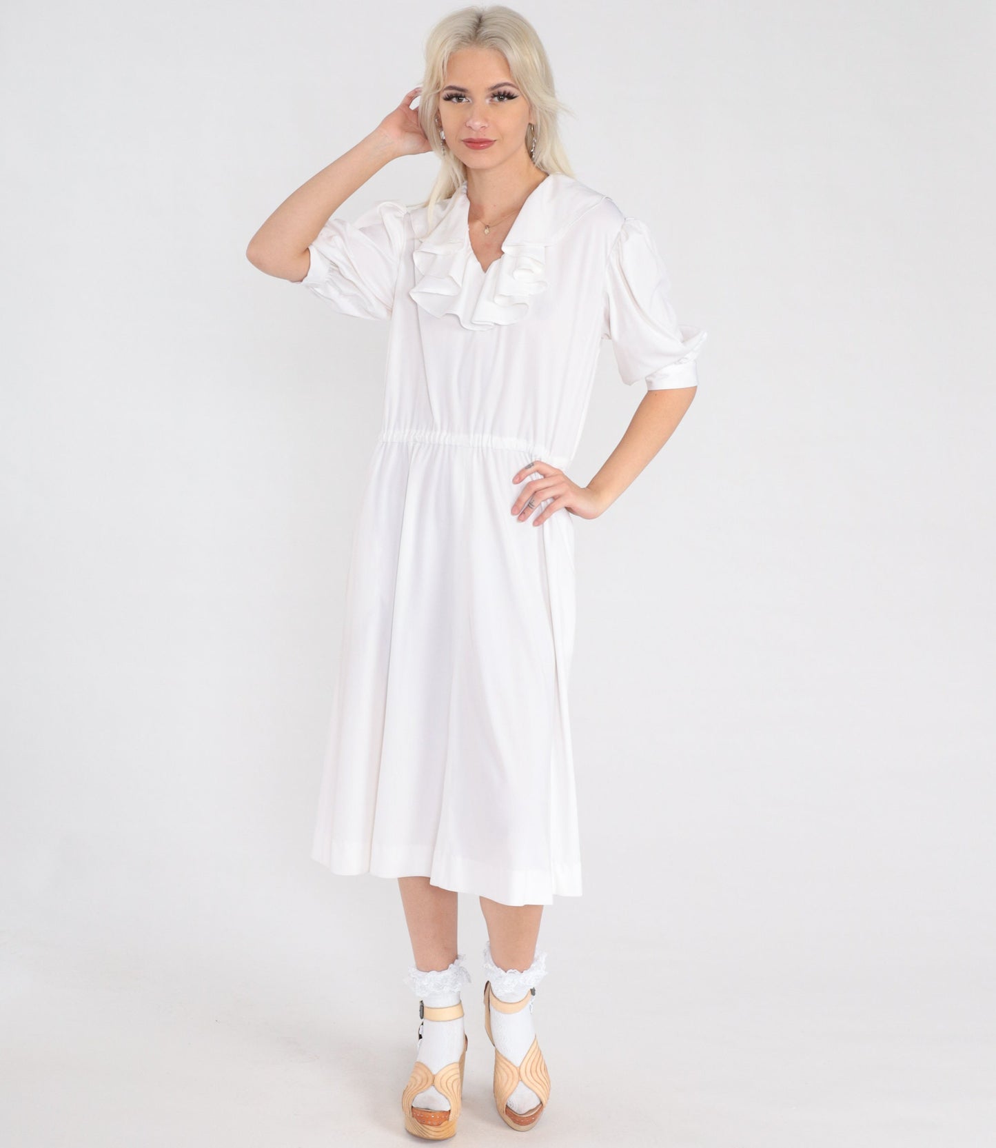 70s White Ruffle Midi Dress Puff Sleeve High Waist V Neck Medium Large
