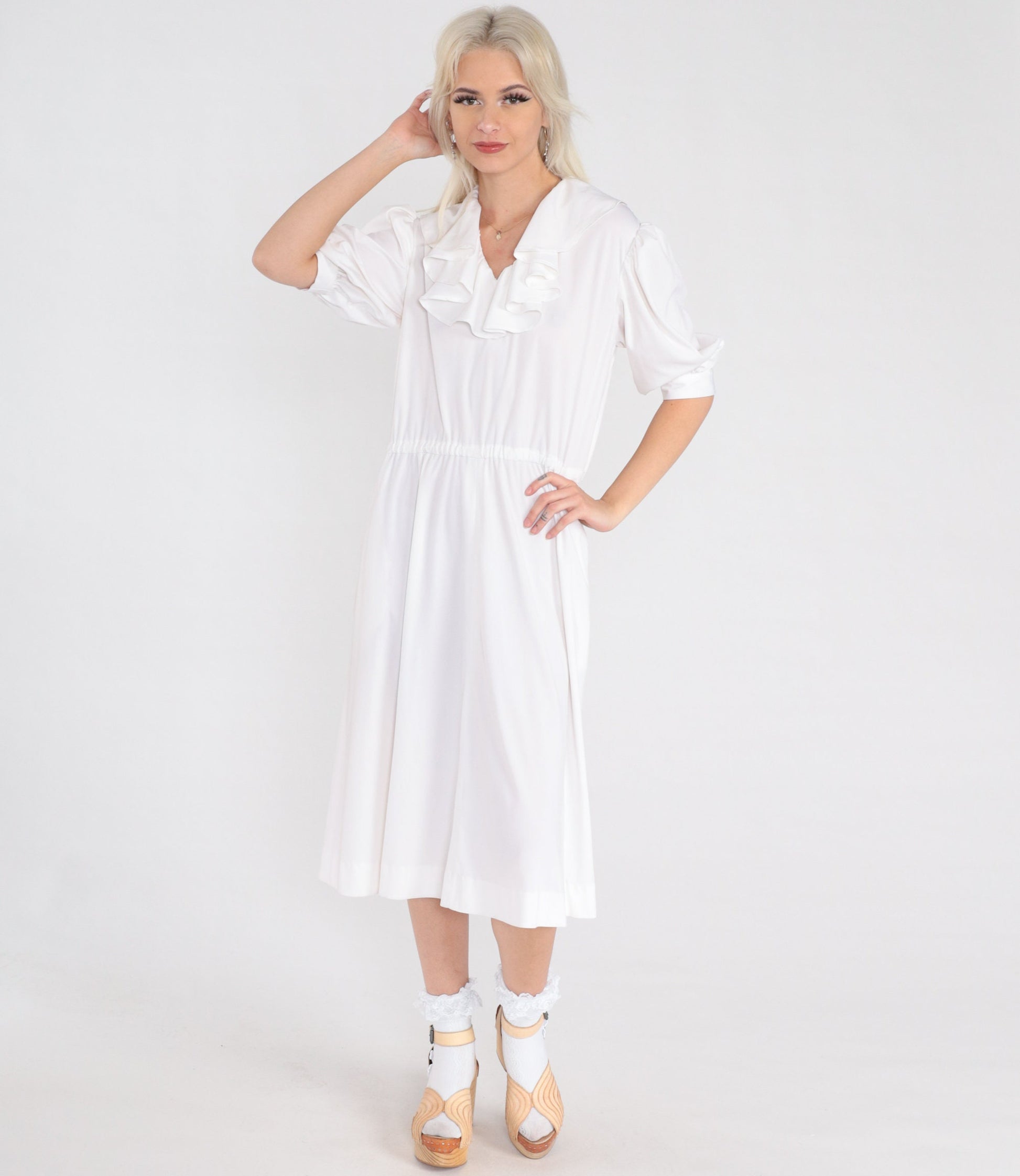 70s White Ruffle Midi Dress Puff Sleeve High Waist V Neck Medium Large