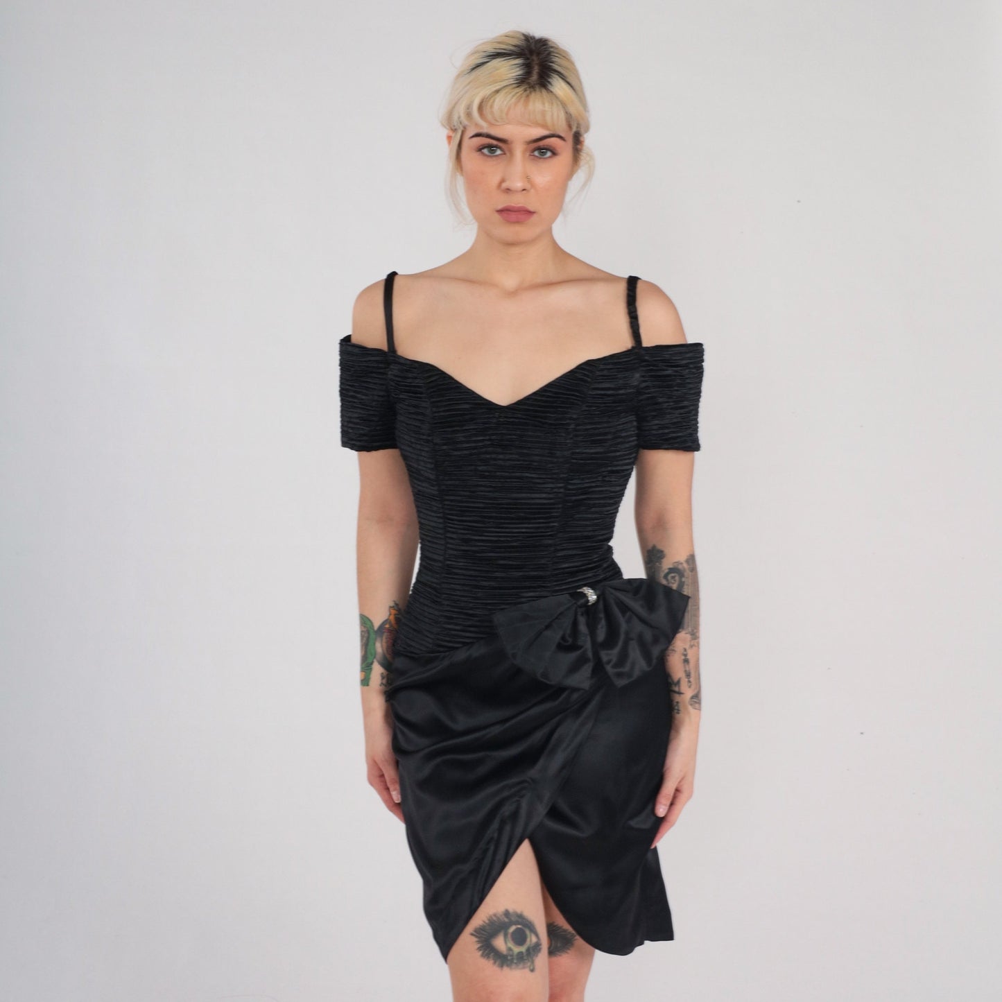 90s Zum Zum Black Velvet Mini Dress Off-Shoulder Rhinestone Bow XS