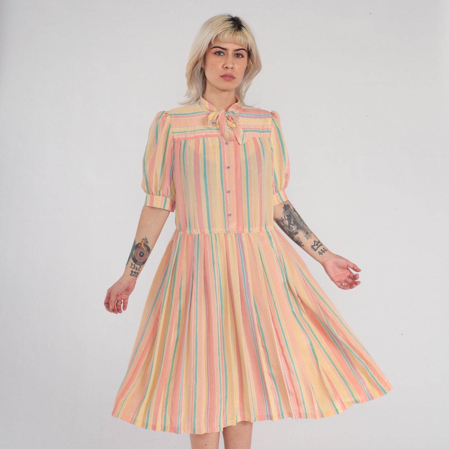 90s Striped Midi Dress Puff Sleeve Button-Up Necktie Bow High Waist Medium M