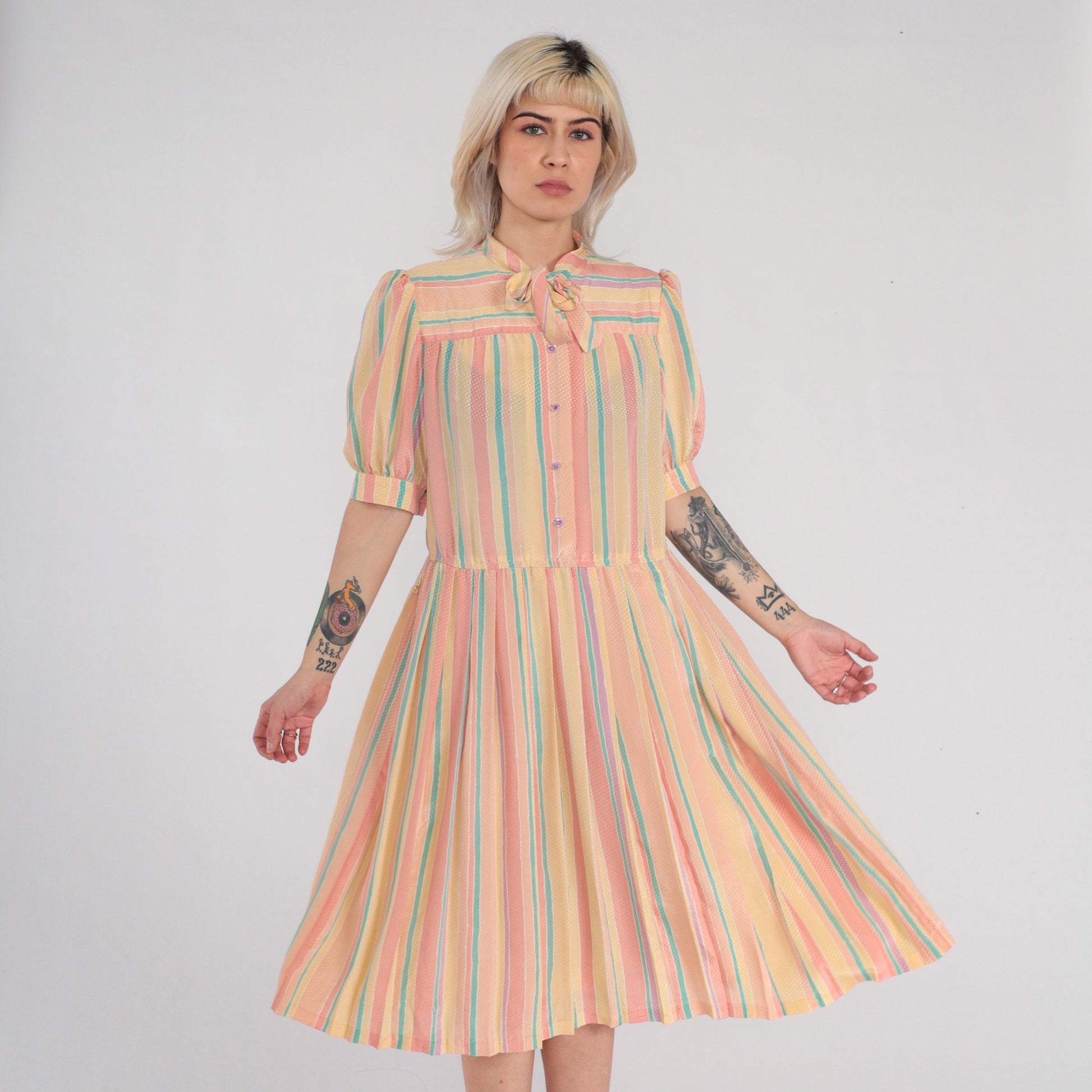 90s Striped Midi Dress Puff Sleeve Button-Up Necktie Bow High Waist Medium M