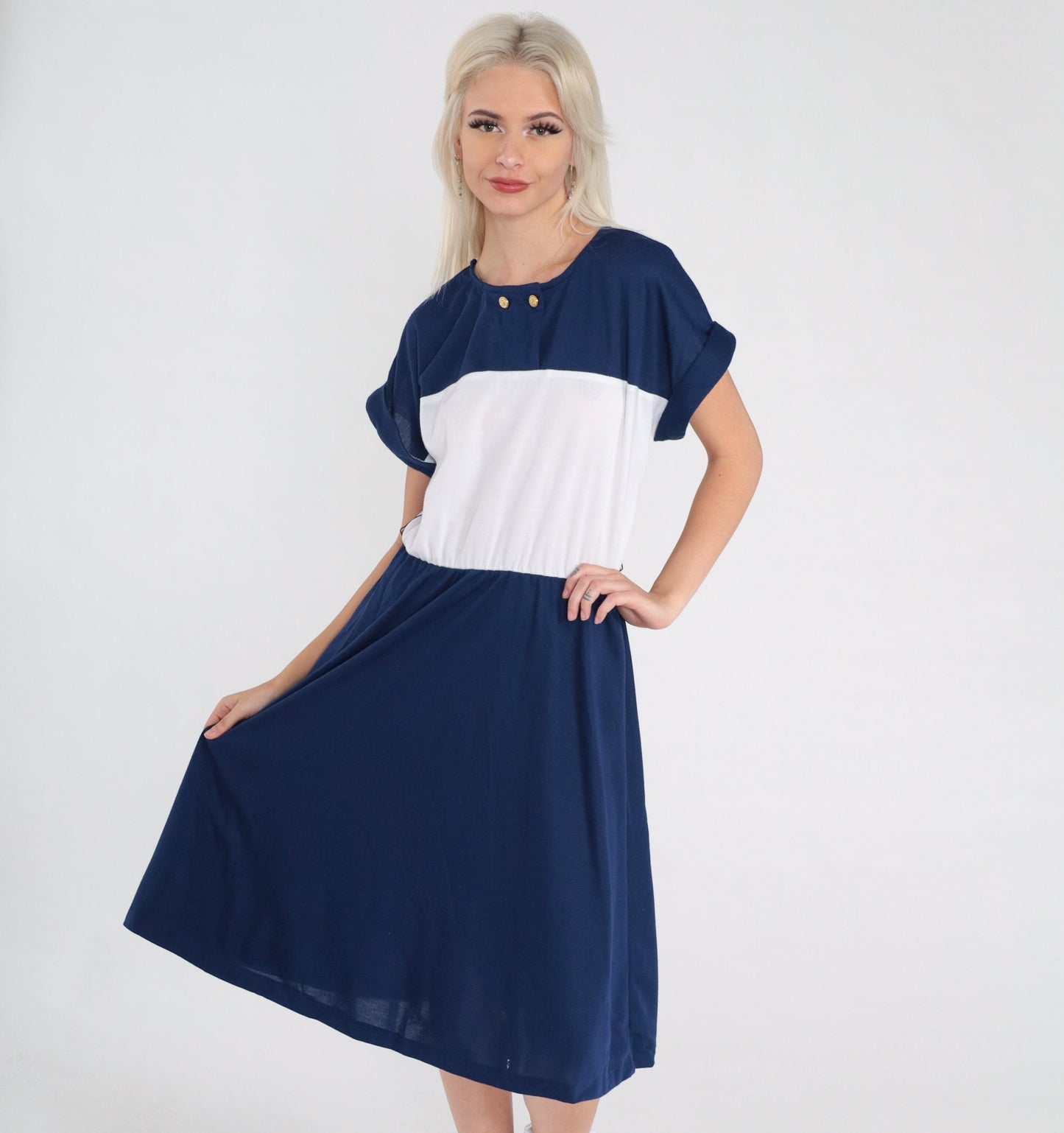 80s Nautical Anchor Button Midi Dress Navy White Color Block Medium Large