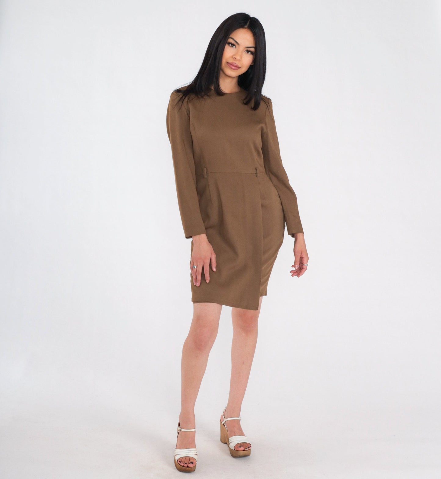 90s Petite Sophisticate Brown Wool Blend Mini Sheath Dress Long Sleeve Extra Small XS