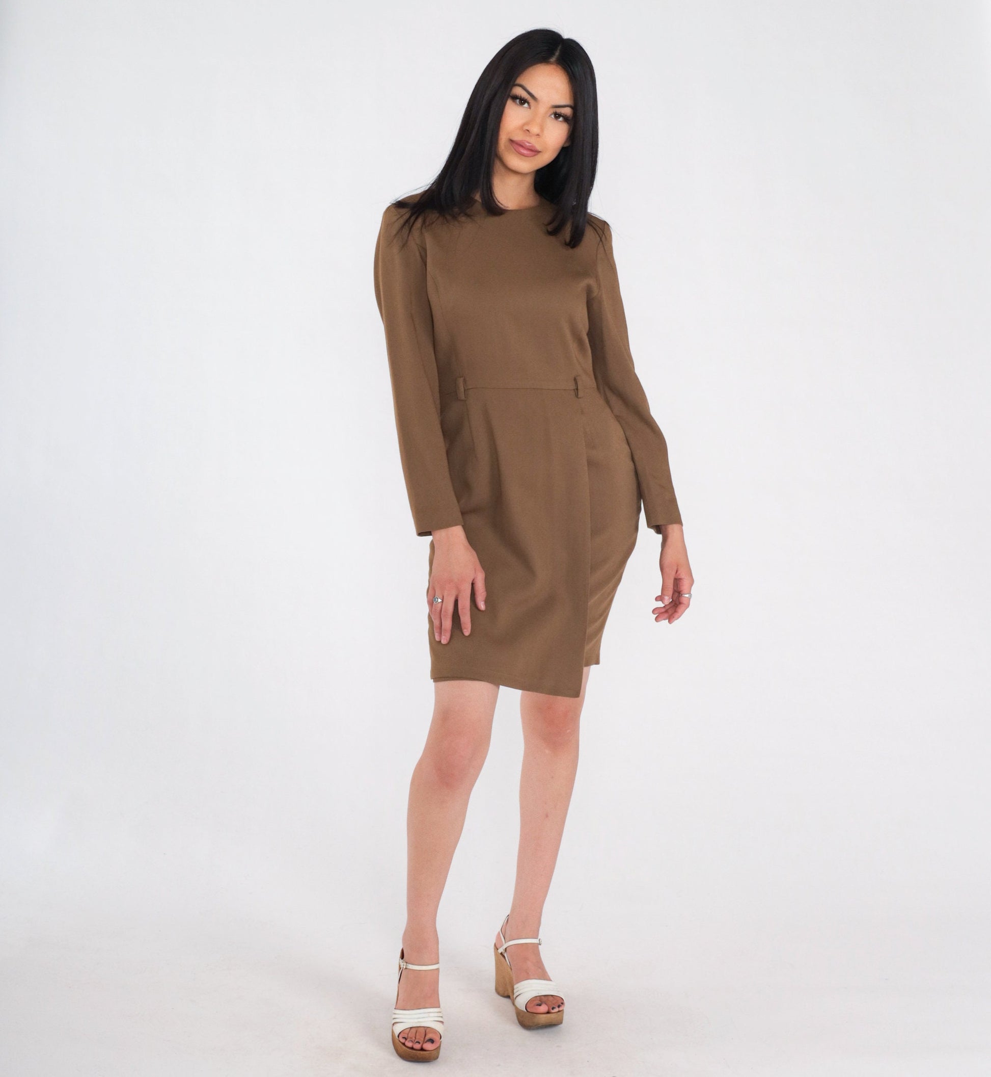 90s Petite Sophisticate Brown Wool Blend Mini Sheath Dress Long Sleeve Extra Small XS