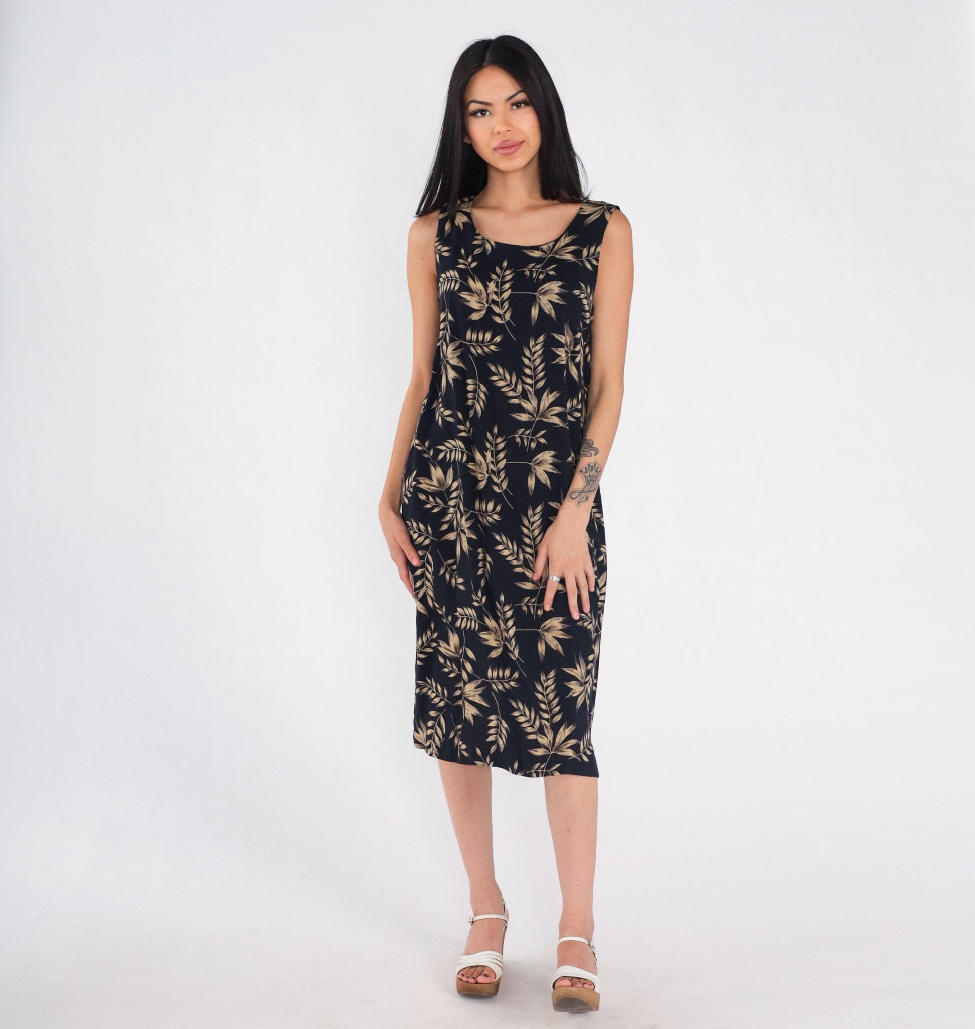 90s Black Leaf Vine Print Sleeveless Dress Knee Length Tank Medium M