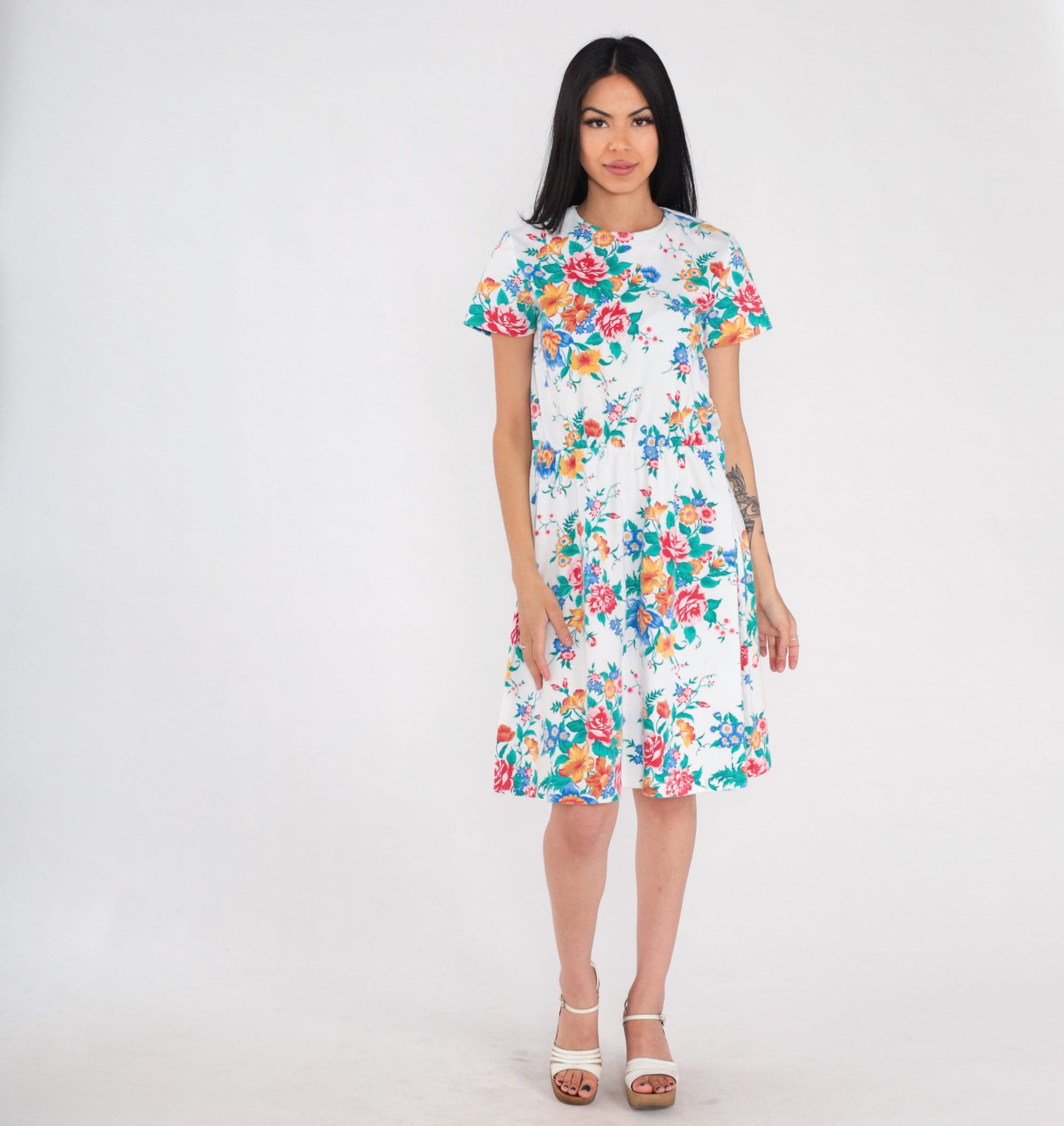 90s White Floral Rose Print Mini Dress High Waisted Short Sleeve Medium Large