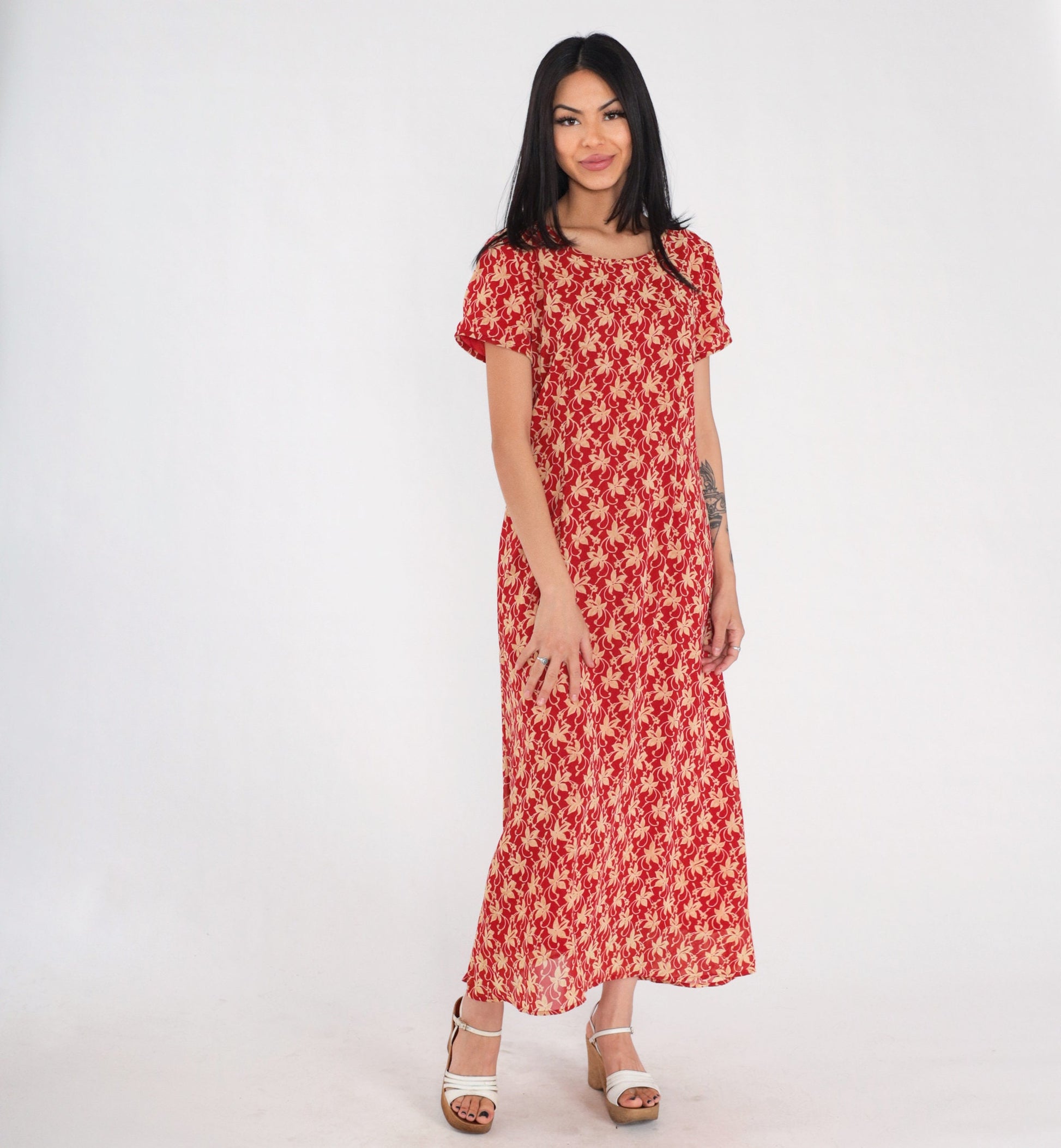 90s Red Floral Maxi Dress Short Sleeve Ankle Length Medium M