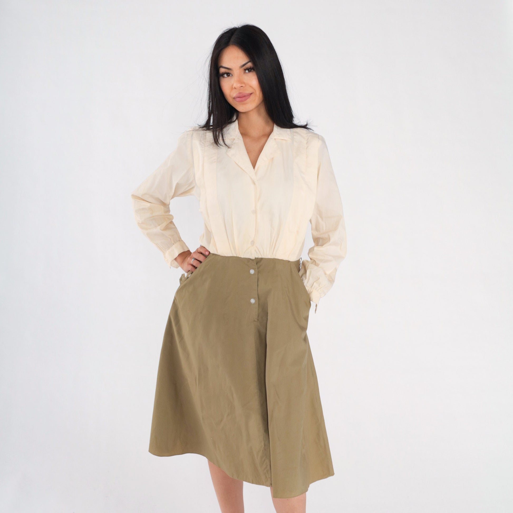 80s Leslie Fay Button-Up Shirtwaist Midi Dress Cream Olive Small