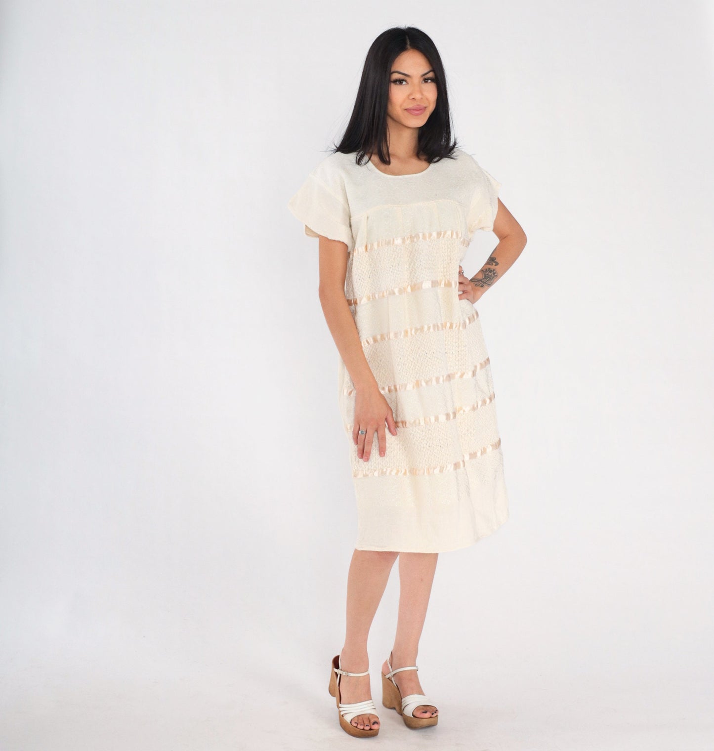 90s Cream Cotton Woven Midi Dress Cap Sleeve Tiered Medium Large