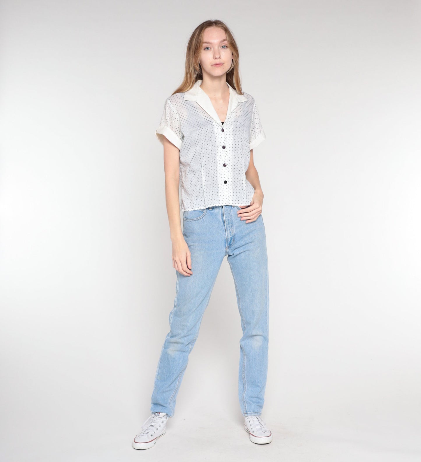 70s Polka Dot Button-Up Blouse White Black Collared Short Sleeve Large