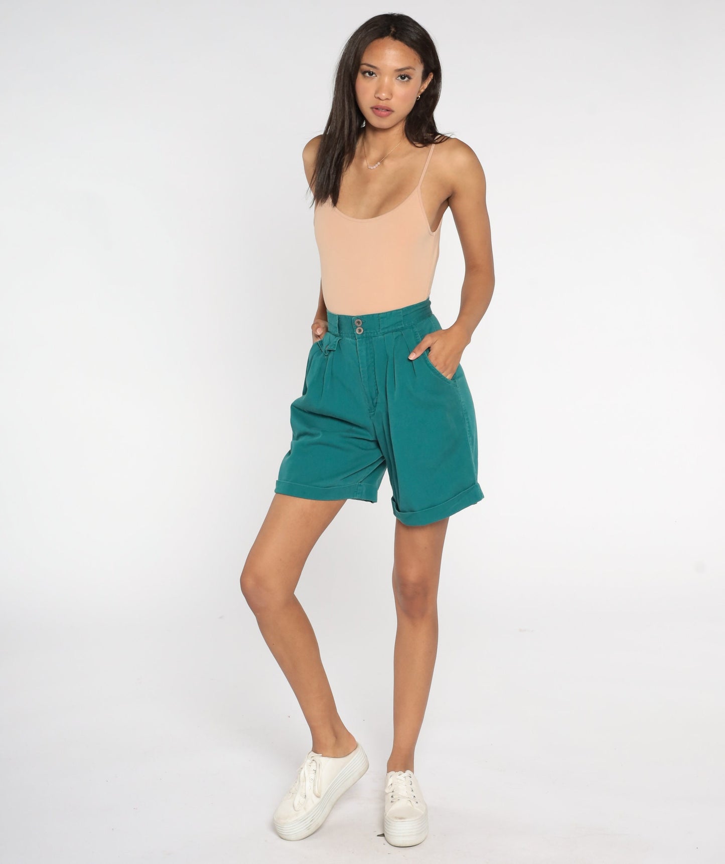 90s Great Land Apparel Green Pleated High-Waist Shorts Cotton Extra Small