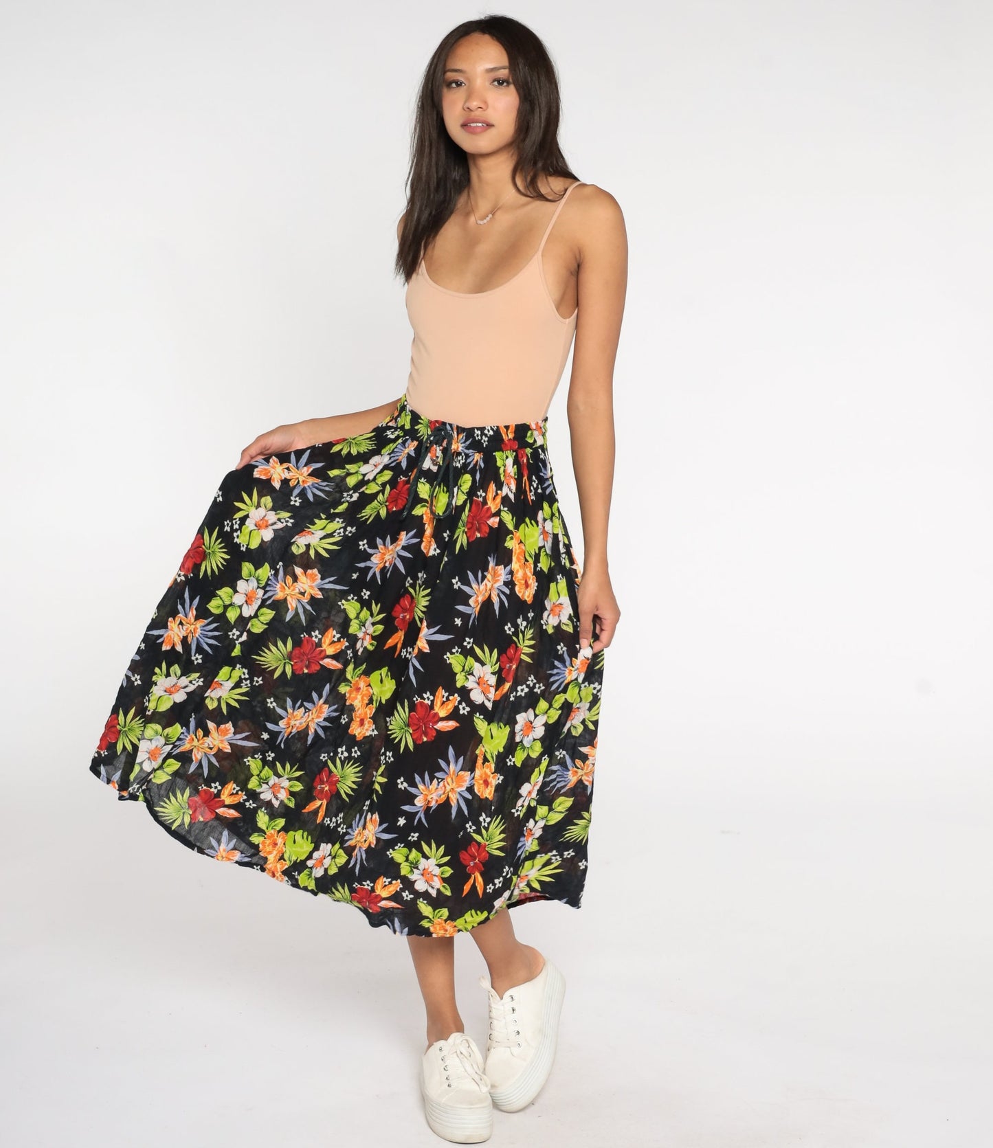 00s Floral Broomstick Midi Skirt Black Tropical Gauze Drawstring One Size