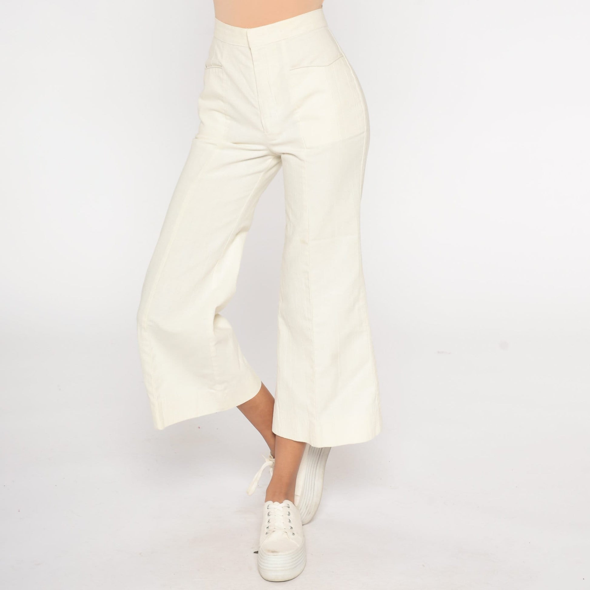 70s Bell Bottom Pants Off-White High Waist Cropped Ankle Trousers Extra Small XS