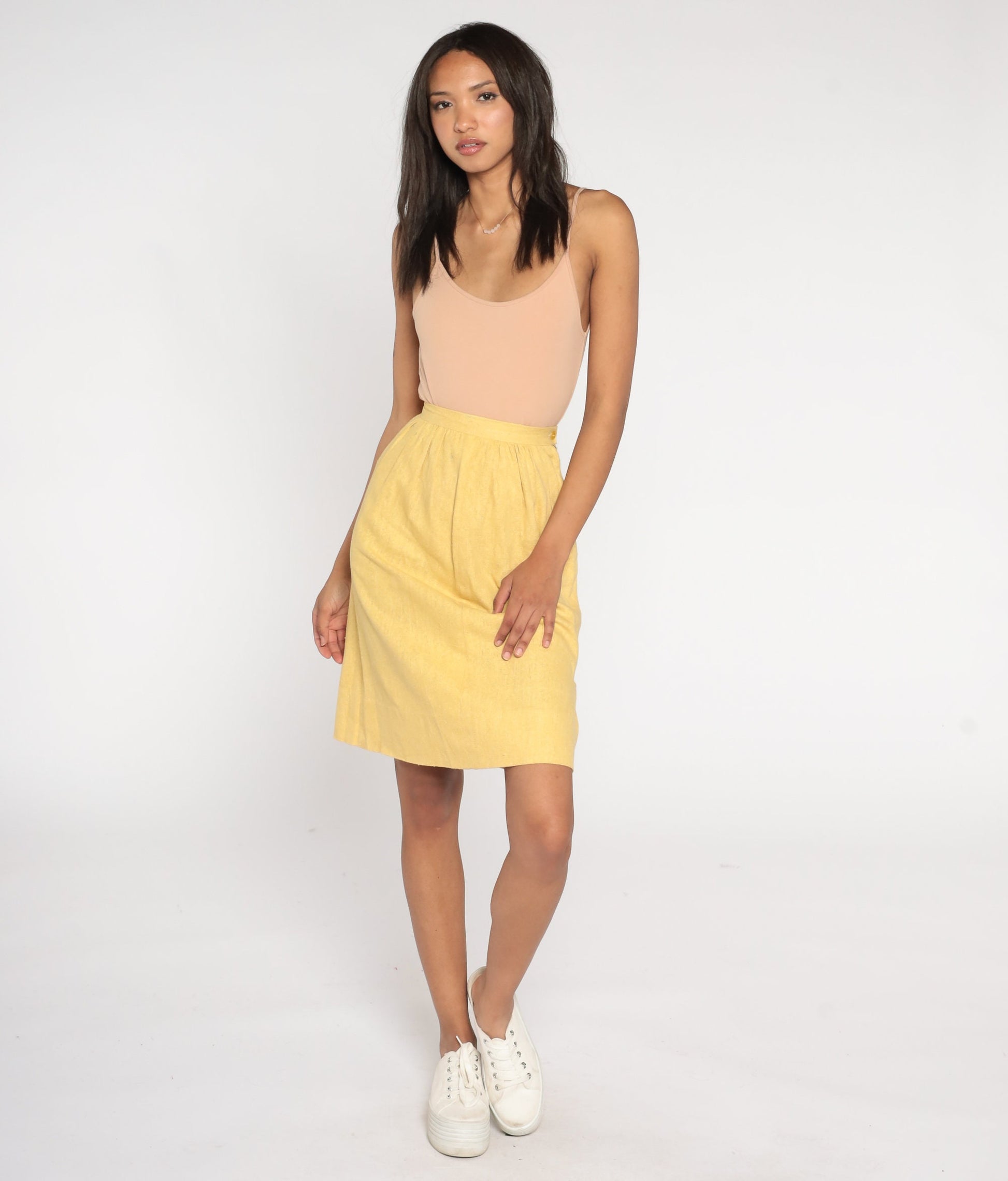 60s Yellow Pencil Skirt High Waisted Mini Linen XXS