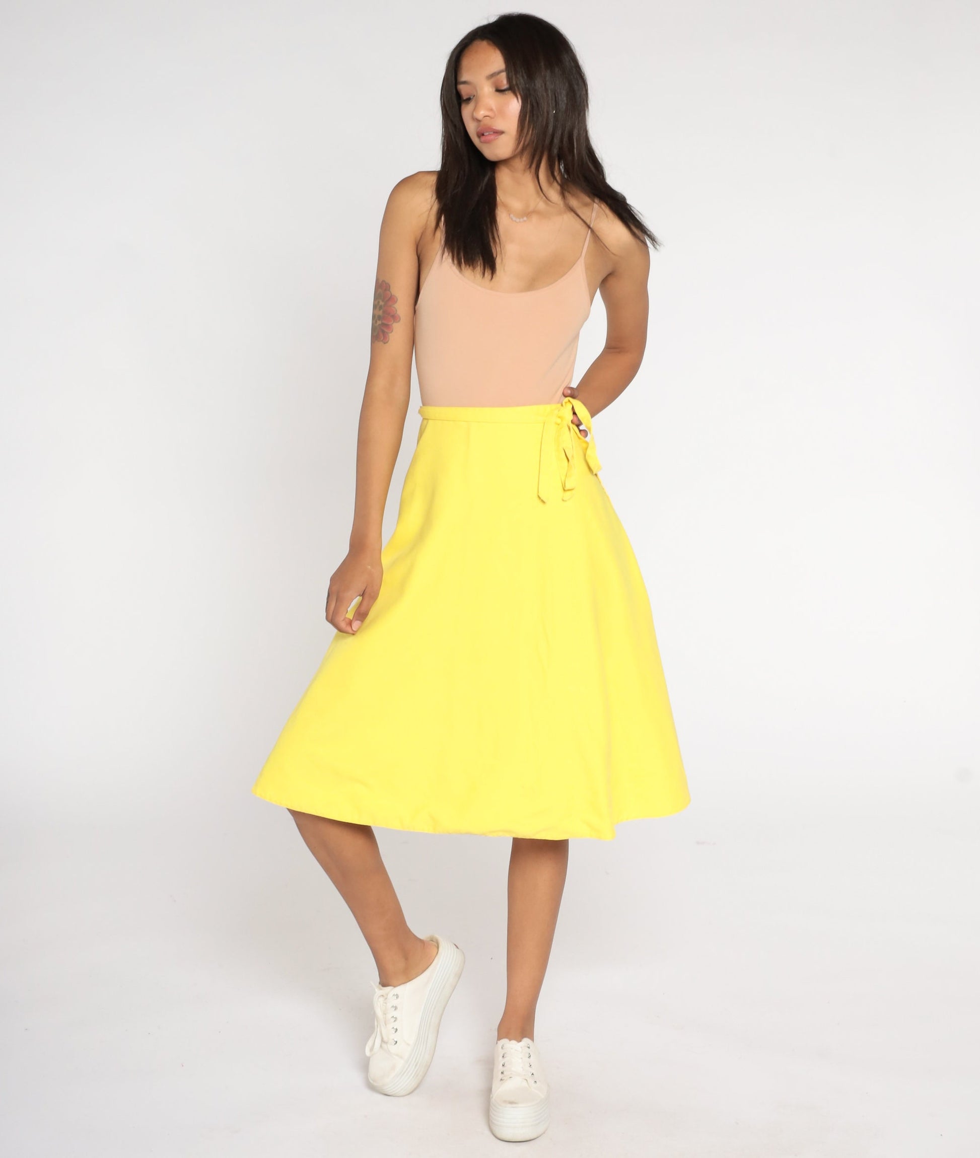 80s Yellow Wrap Skirt High Waisted Midi Cotton Blend Medium 8