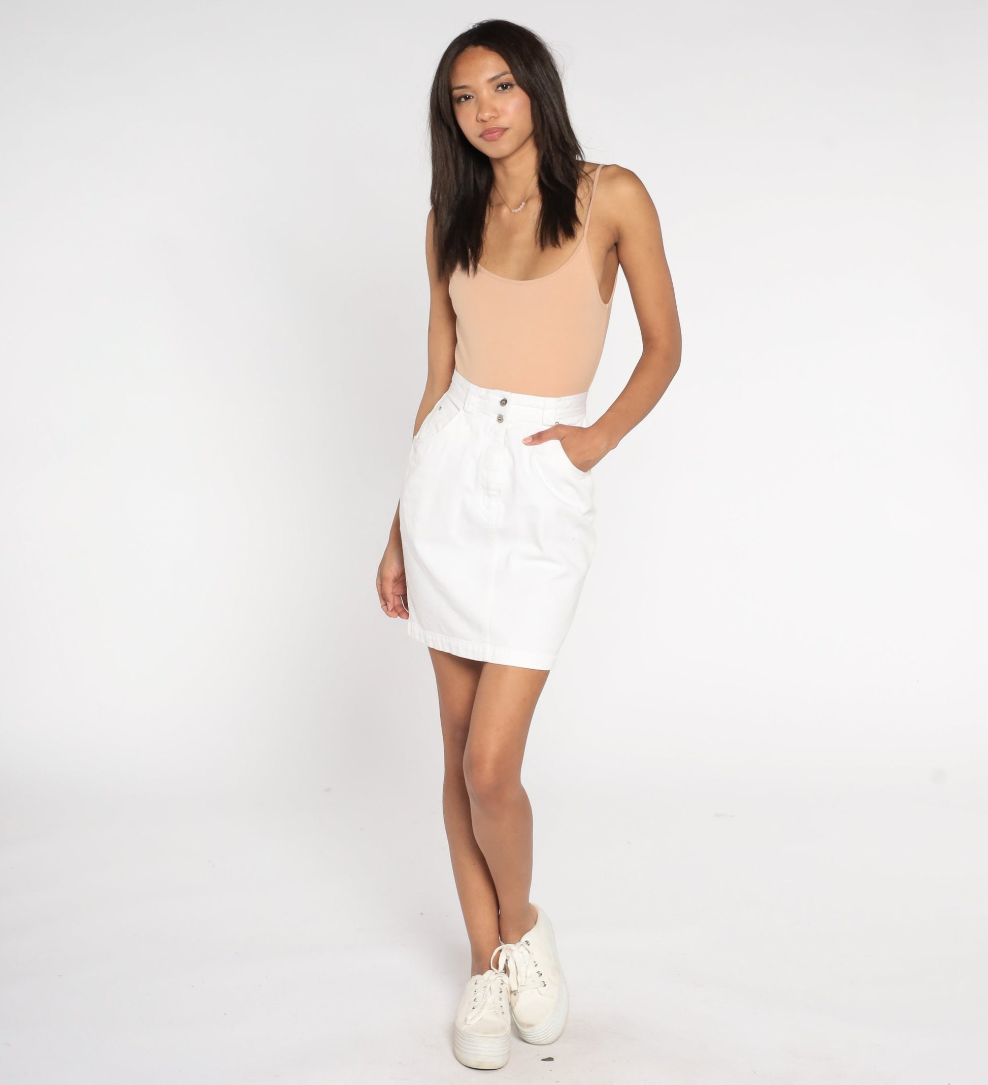 90s White Denim Mini Skirt Floral Embroidered Cutwork High Waist Extra Small