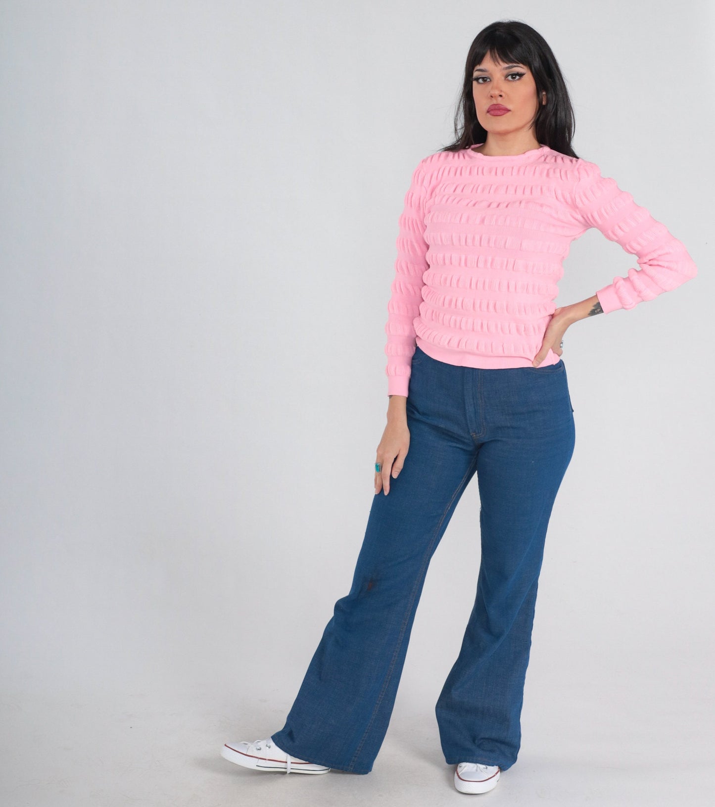 70s Bubblegum Pink Textured Knit Pullover Sweater Extra Small