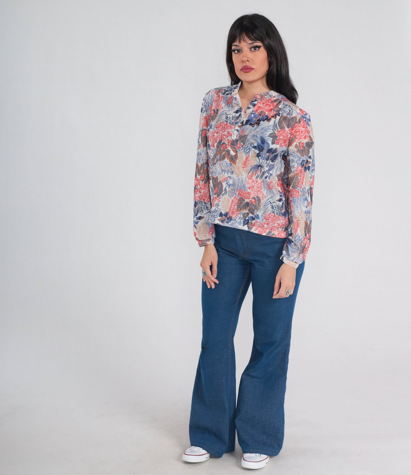70s Floral Leaf Print Blouse Long Sleeve Half Button Up White Large