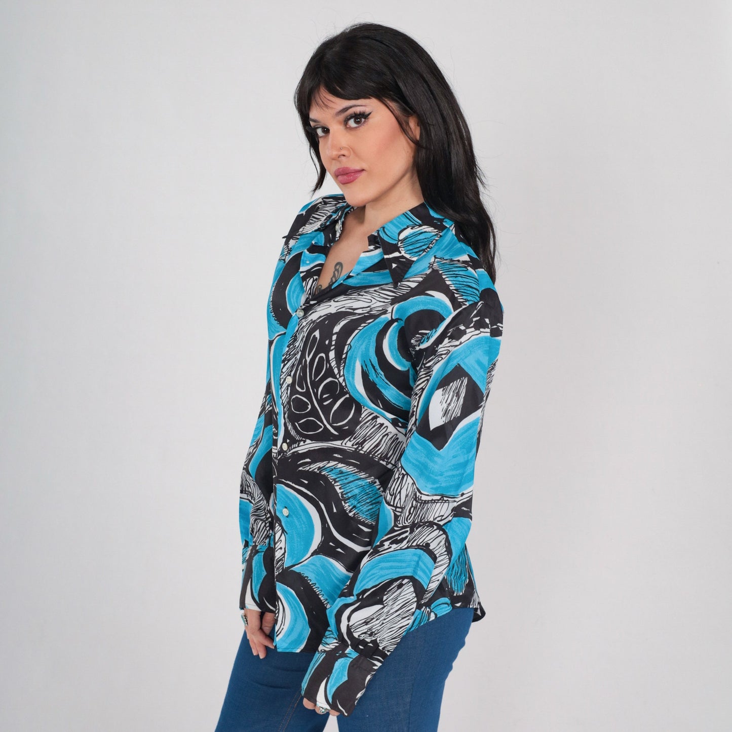 70s Abstract Leaf Print Button-Up Shirt Blue Black Dagger Collar Long Sleeve Large