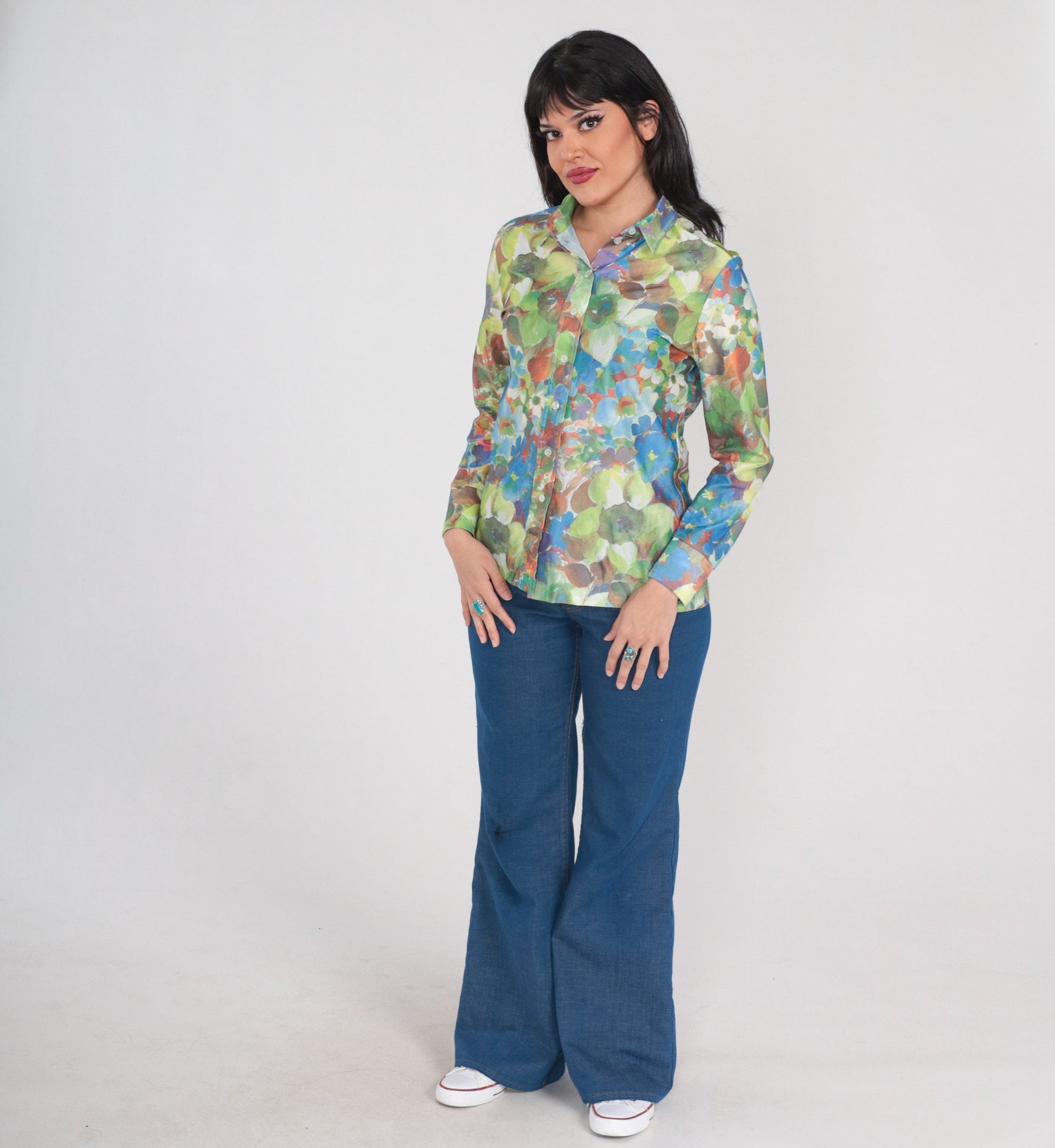 70s Floral Button-Up Blouse Long Sleeve Collared Shirt Green Blue Orange Medium