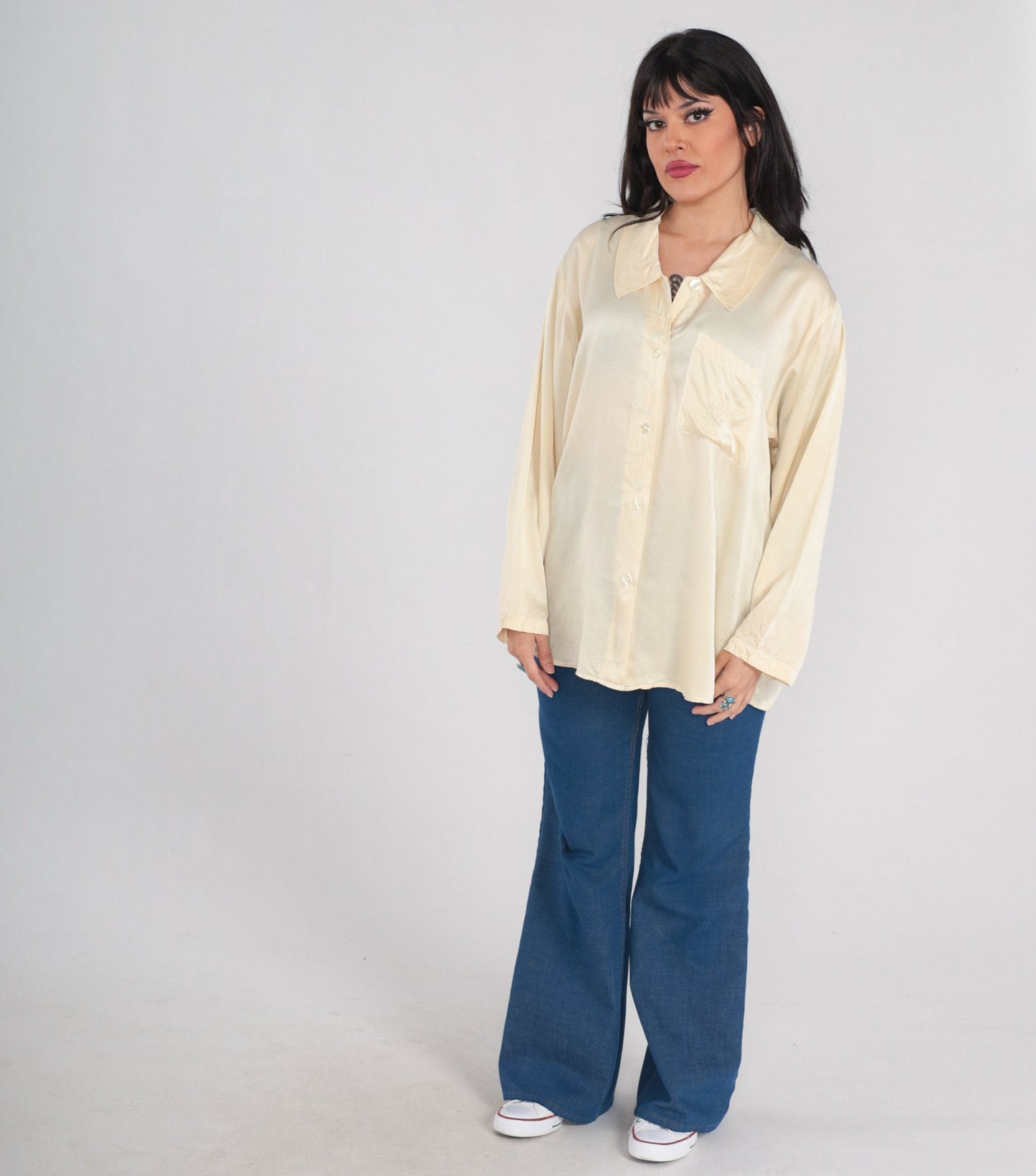 90s Cream Silk Blouse Floral Embroidered Button Up Long Sleeve Extra Large XL