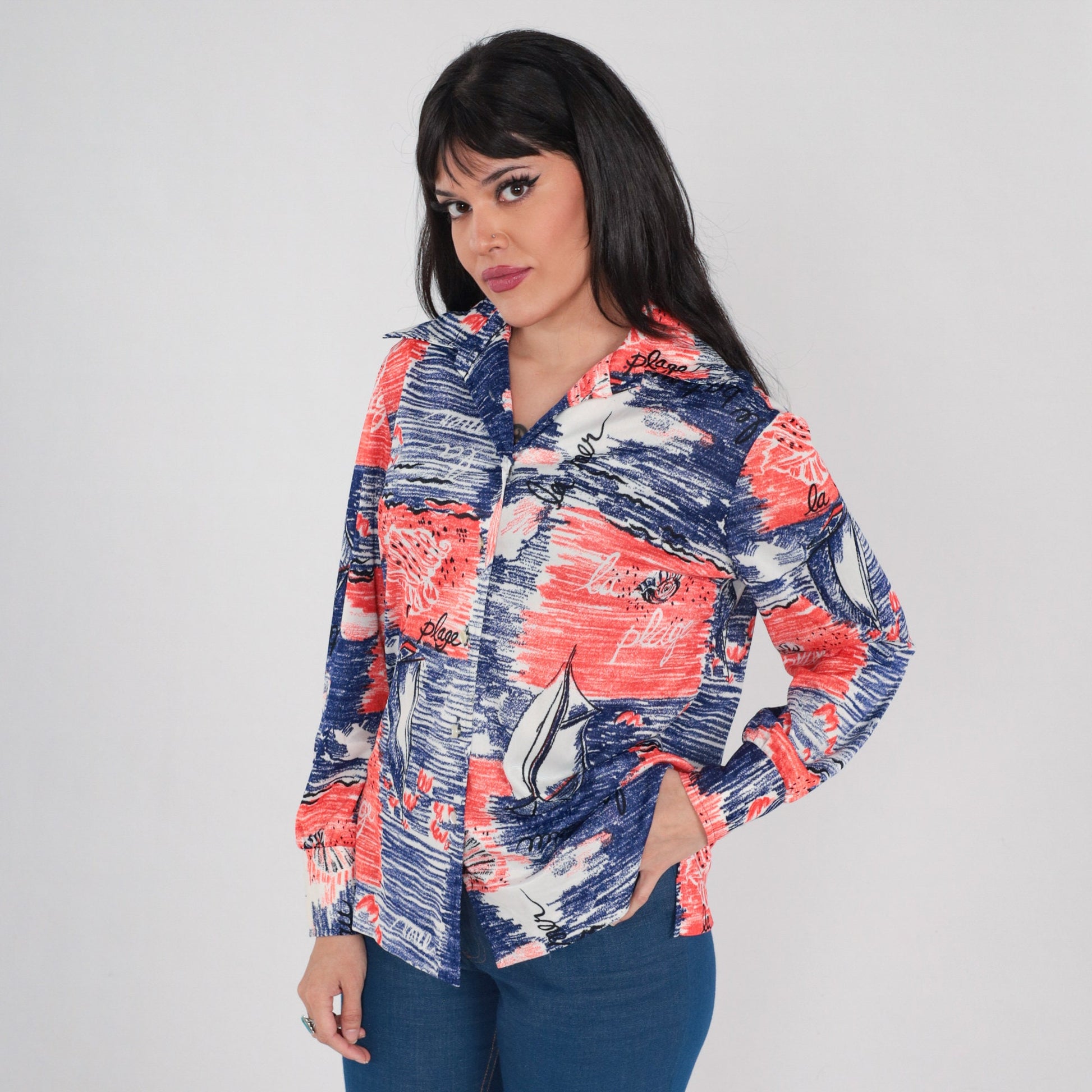 70s French Nautical Sailing Print Button-Up Blouse Red White Blue Medium