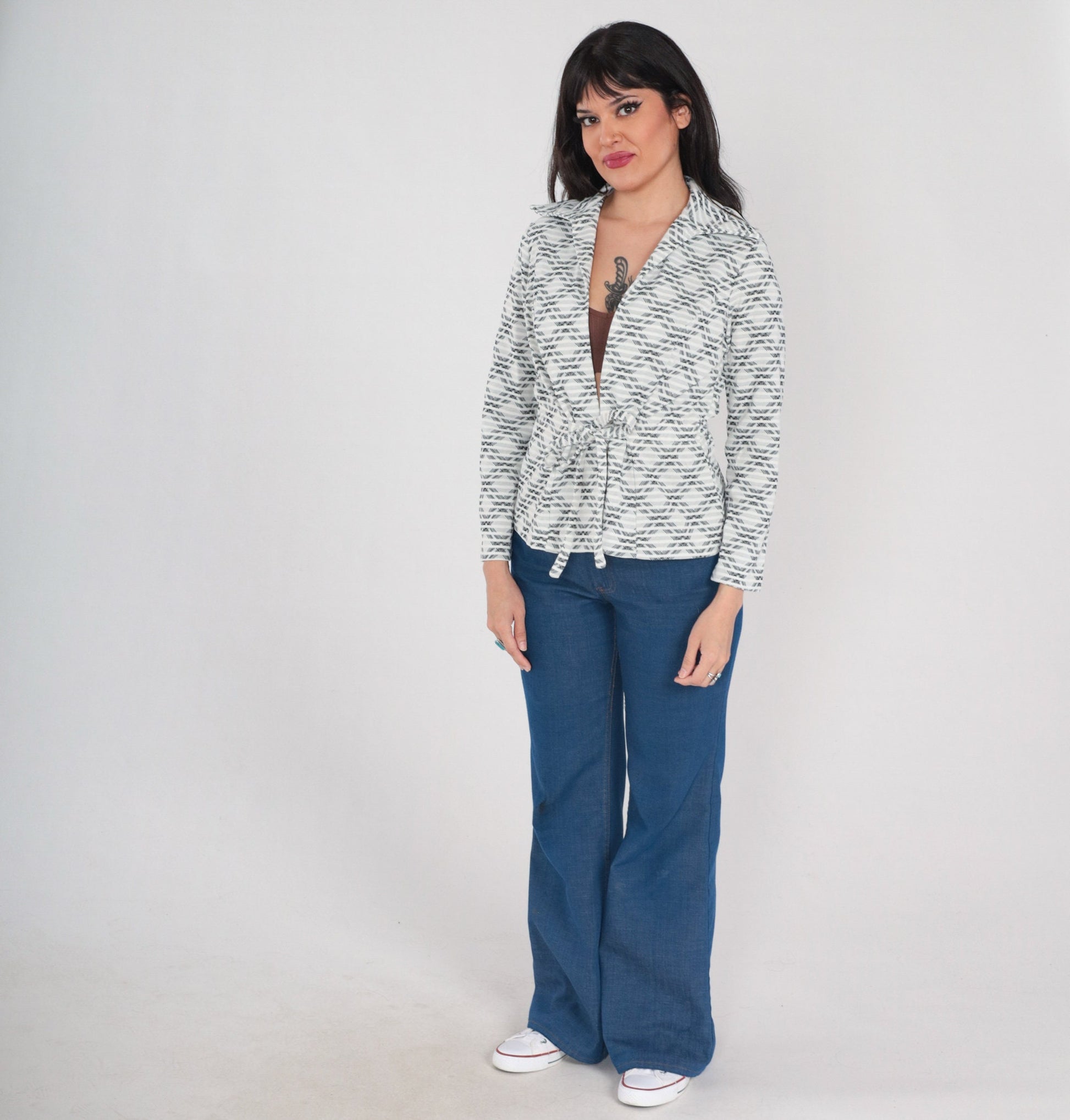 70s Checkered Tie Front Blazer White Black Striped Plaid Jacket Small